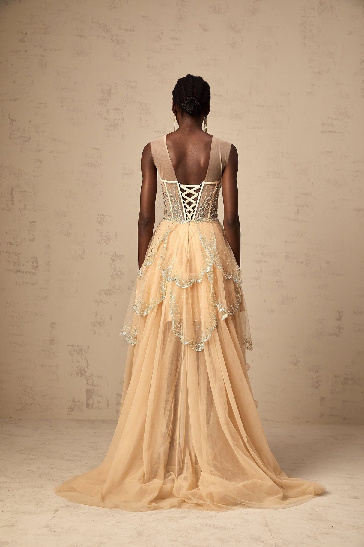 Daisy Gown - Tulle - Sequin & Bead Embellishment - High - Low Hem - Lace - Up Back - Corset Style - Train - Floor Length