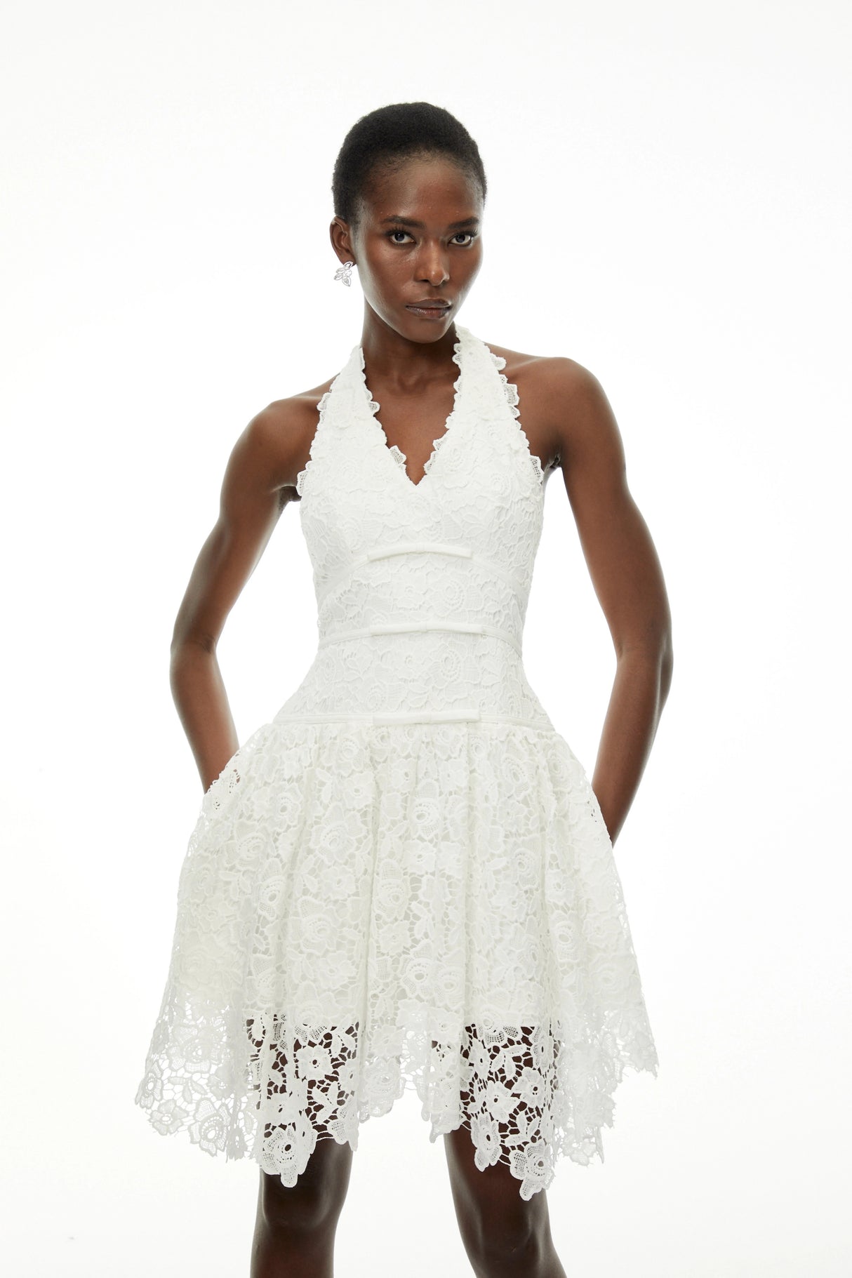 Daisy White VNeck Floral Lace Mini Dress with Bow