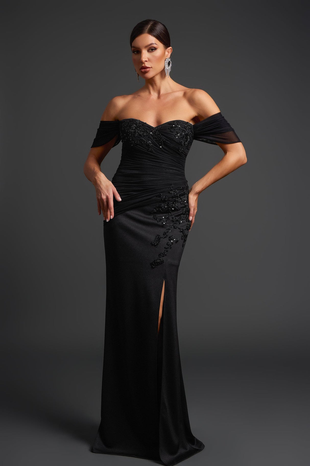 Dakota Black Off-Shoulder Maxi Gown Elegant Sophisticated Embellishments Glamour Side Slit Special Occasions Formal Gatherings Timeless Look Modern Twist Stylish