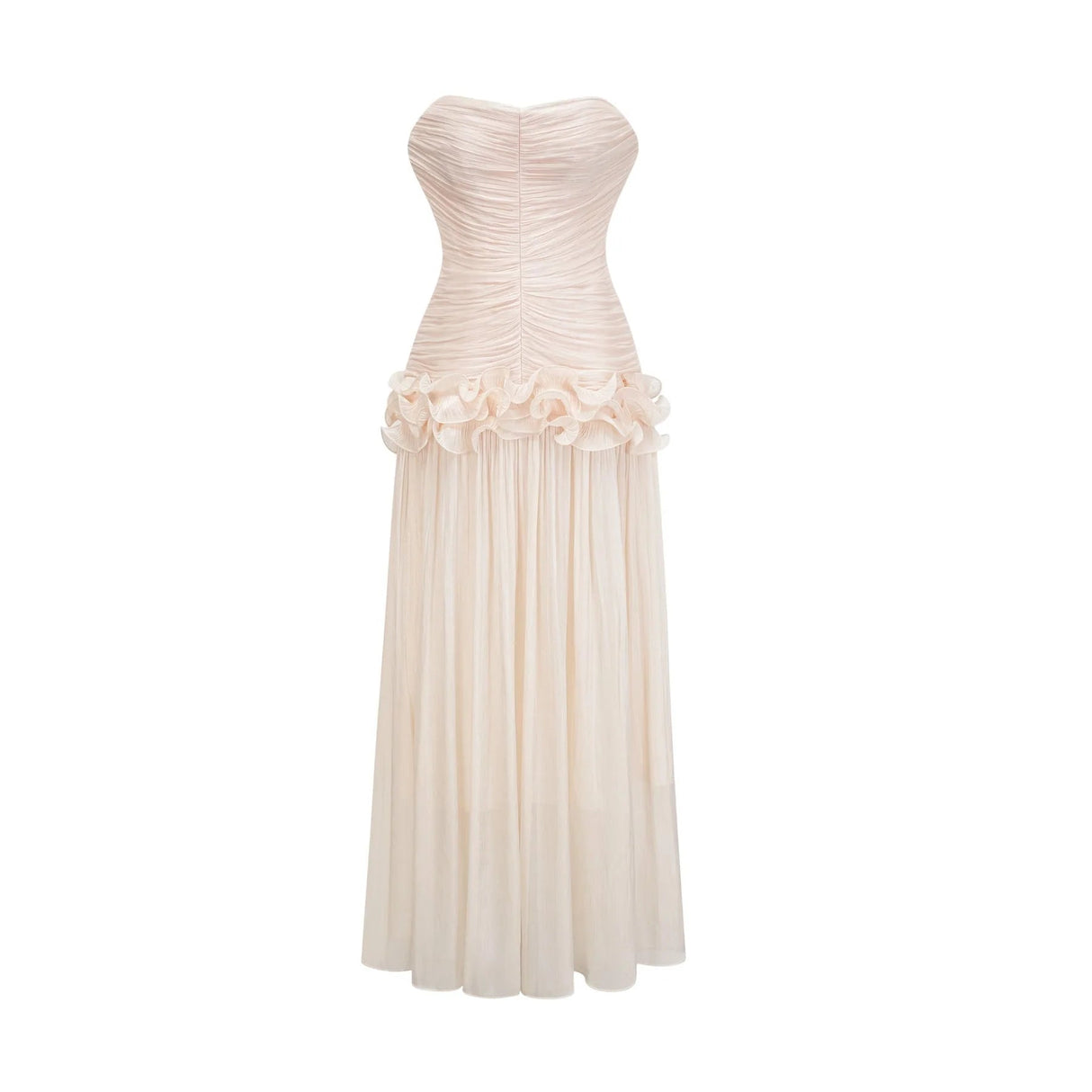 Dakota Maxi Dress Ruffled Pleated Neutral Glitter Strapless & Corset