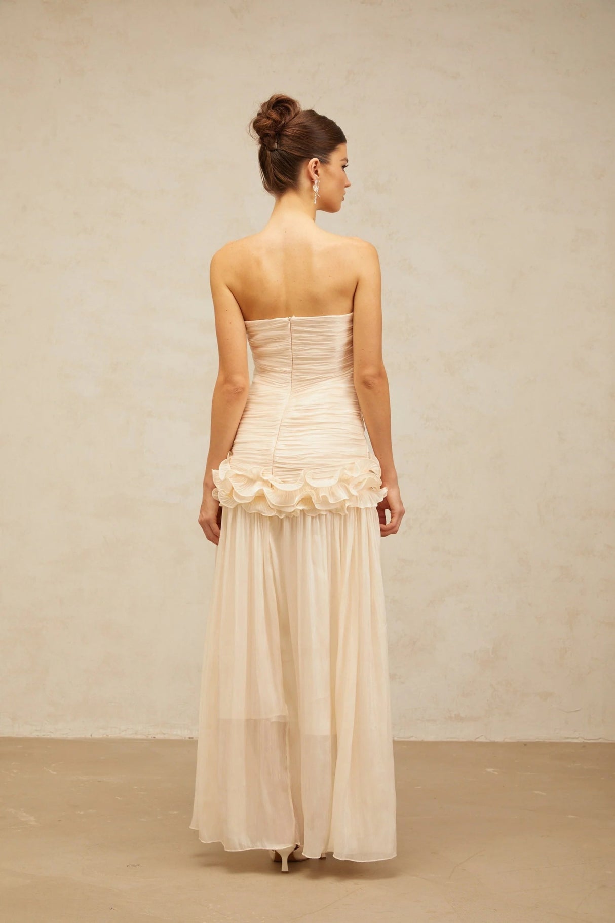 Dakota Maxi Dress Ruffled Pleated Neutral Glitter Strapless & Corset