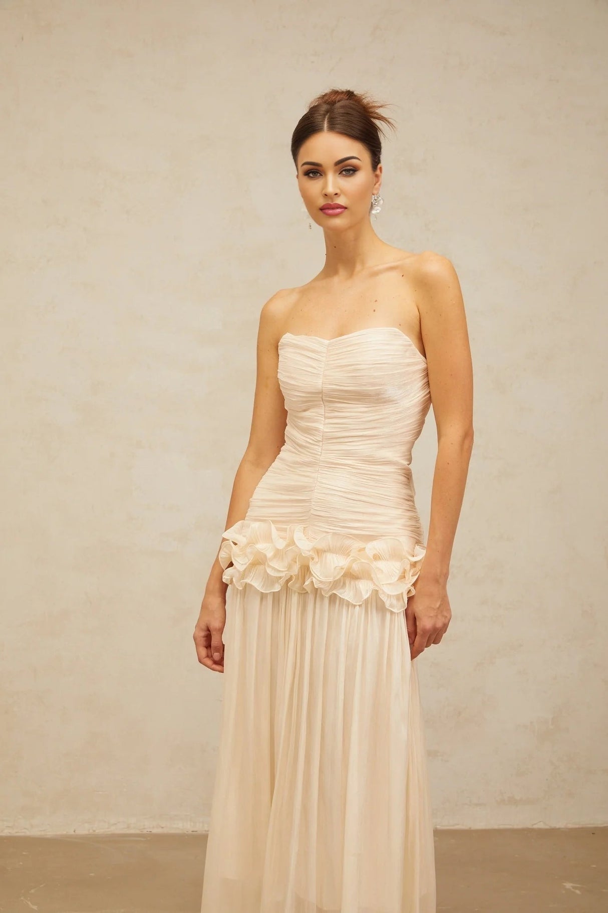 Dakota Maxi Dress Ruffled Pleated Neutral Glitter Strapless & Corset