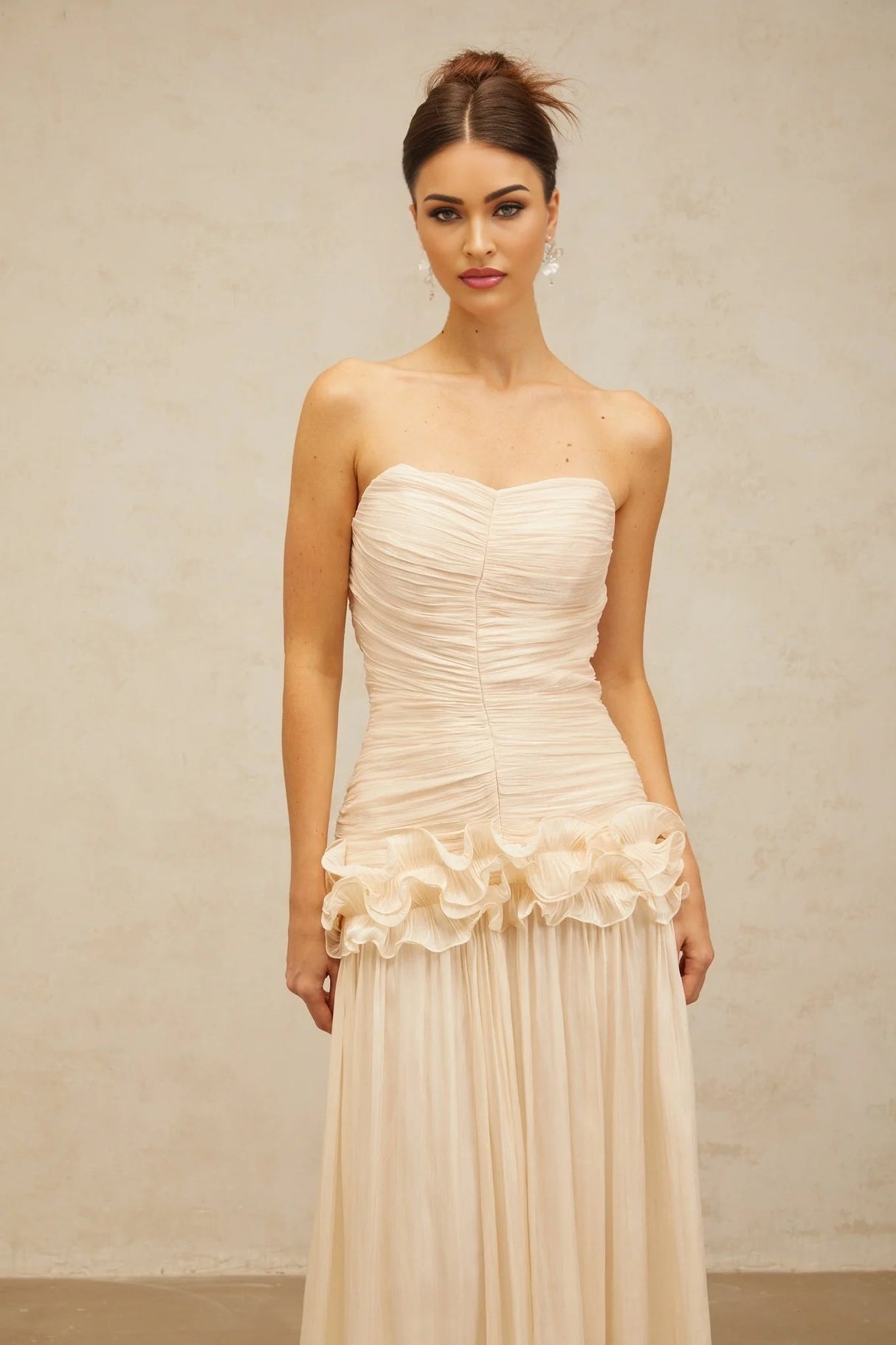 Dakota Maxi Dress Ruffled Pleated Neutral Glitter Strapless & Corset