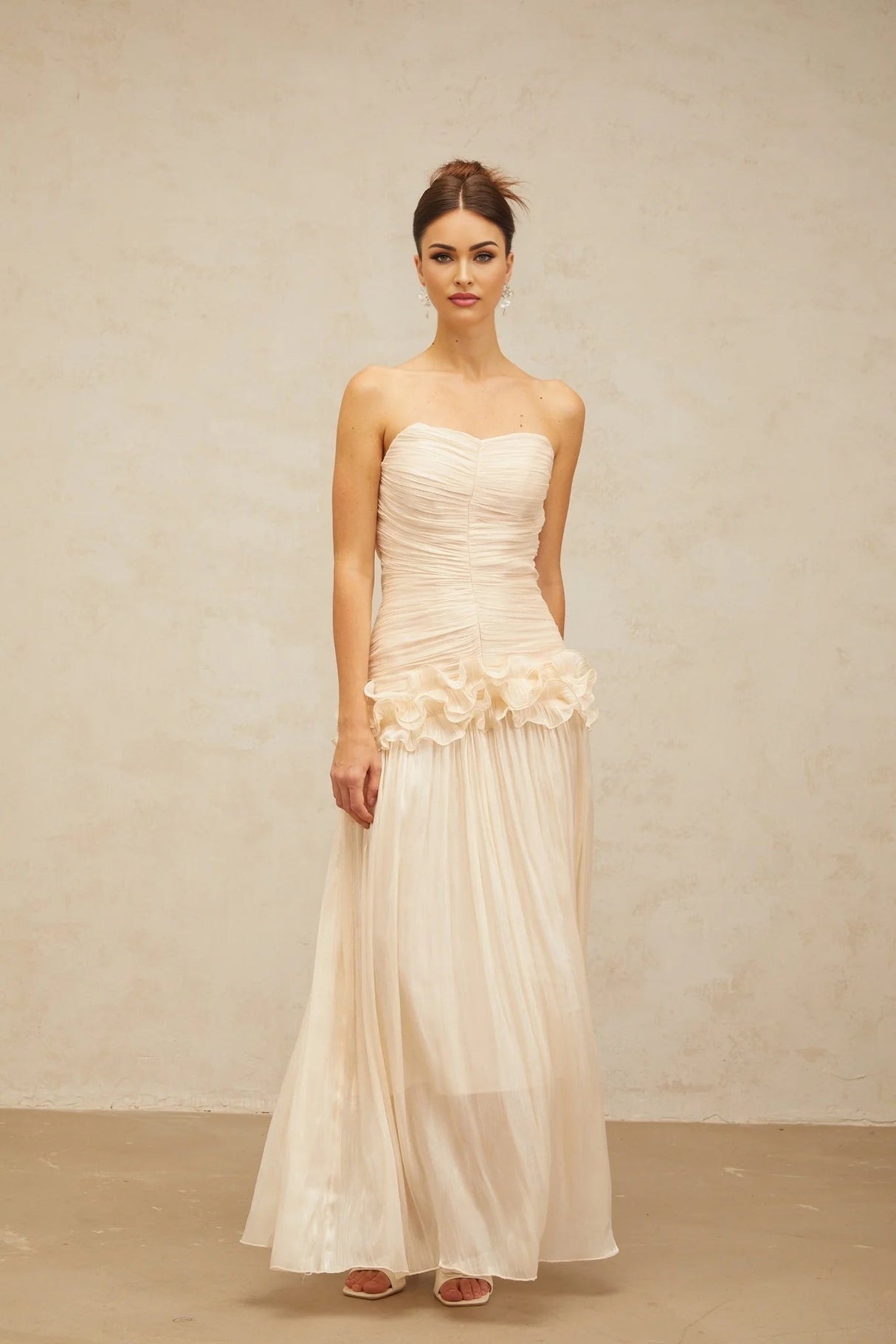 Dakota Maxi Dress Ruffled Pleated Neutral Glitter Strapless & Corset