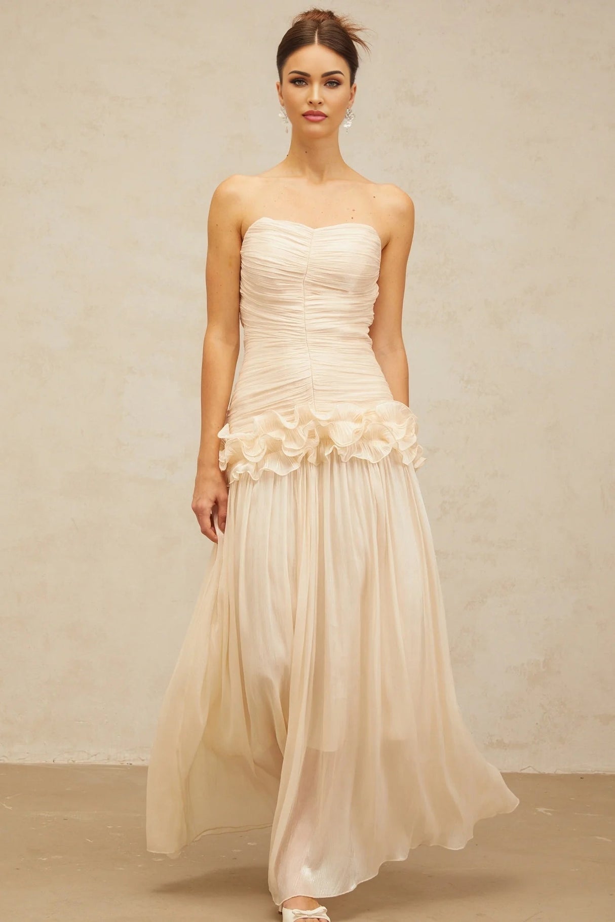 Dakota Maxi Dress Ruffled Pleated Neutral Glitter Strapless & Corset