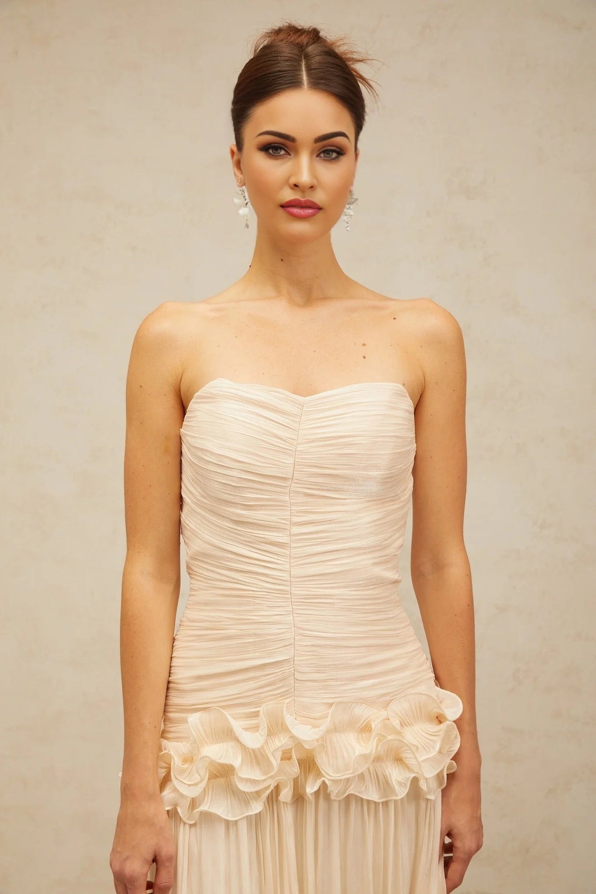 Dakota Maxi Dress Ruffled Pleated Neutral Glitter Strapless & Corset