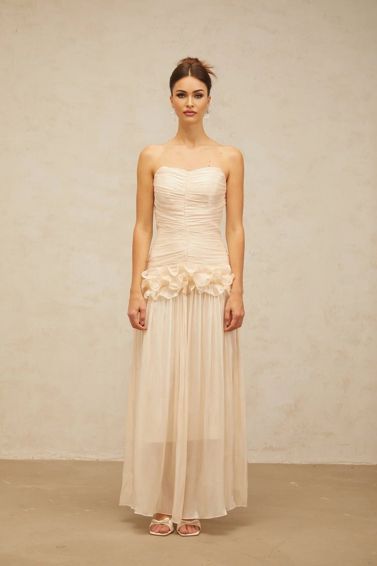 Dakota Maxi Dress Ruffled Pleated Neutral Glitter Strapless & Corset