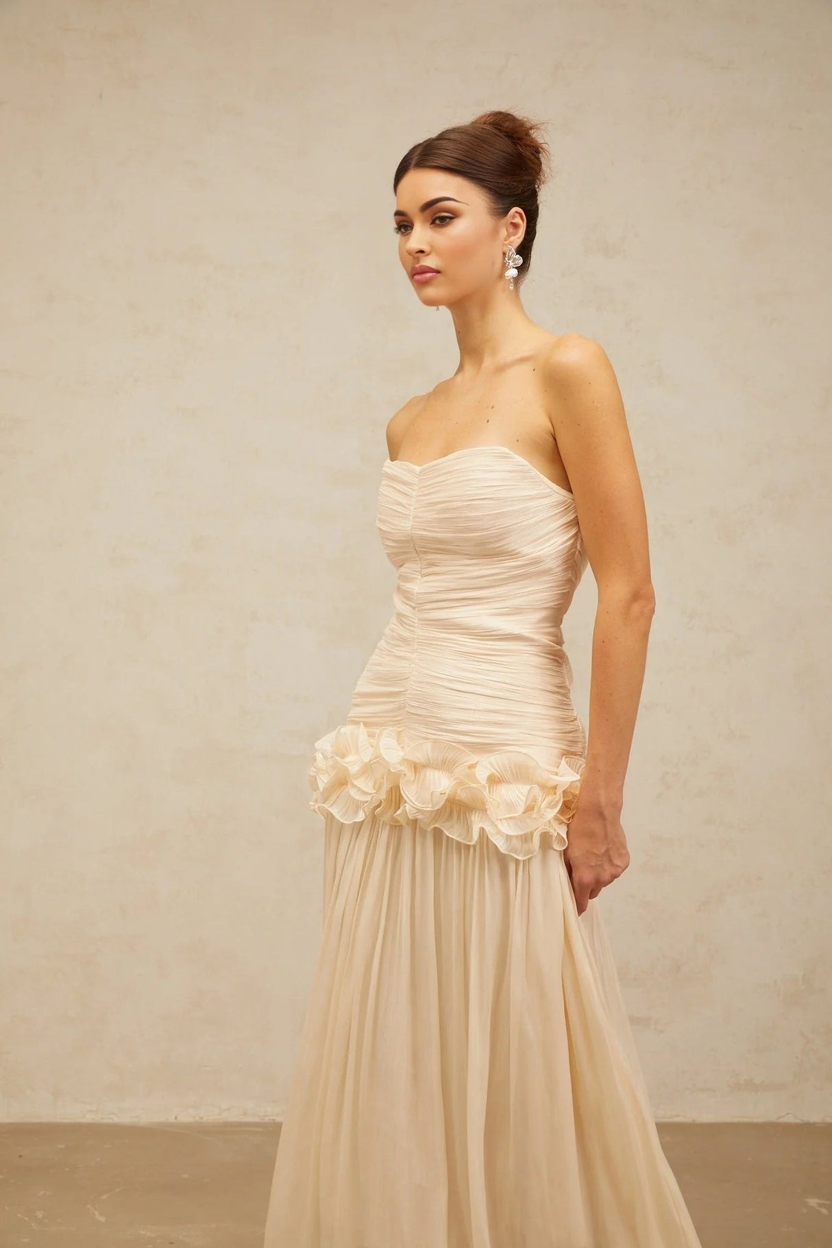 Dakota Maxi Dress Ruffled Pleated Neutral Glitter Strapless & Corset