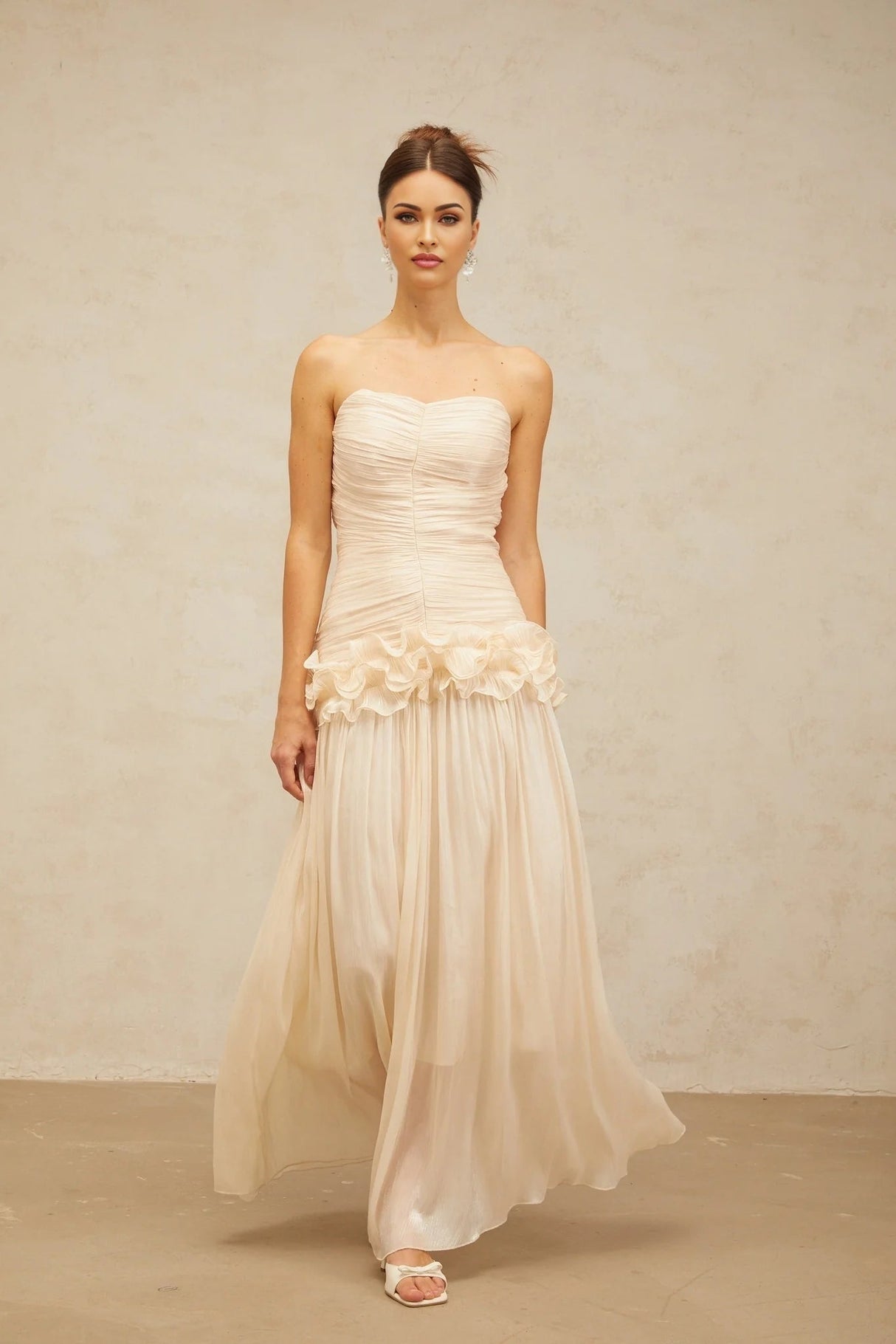 Dakota Maxi Dress Ruffled Pleated Neutral Glitter Strapless & Corset