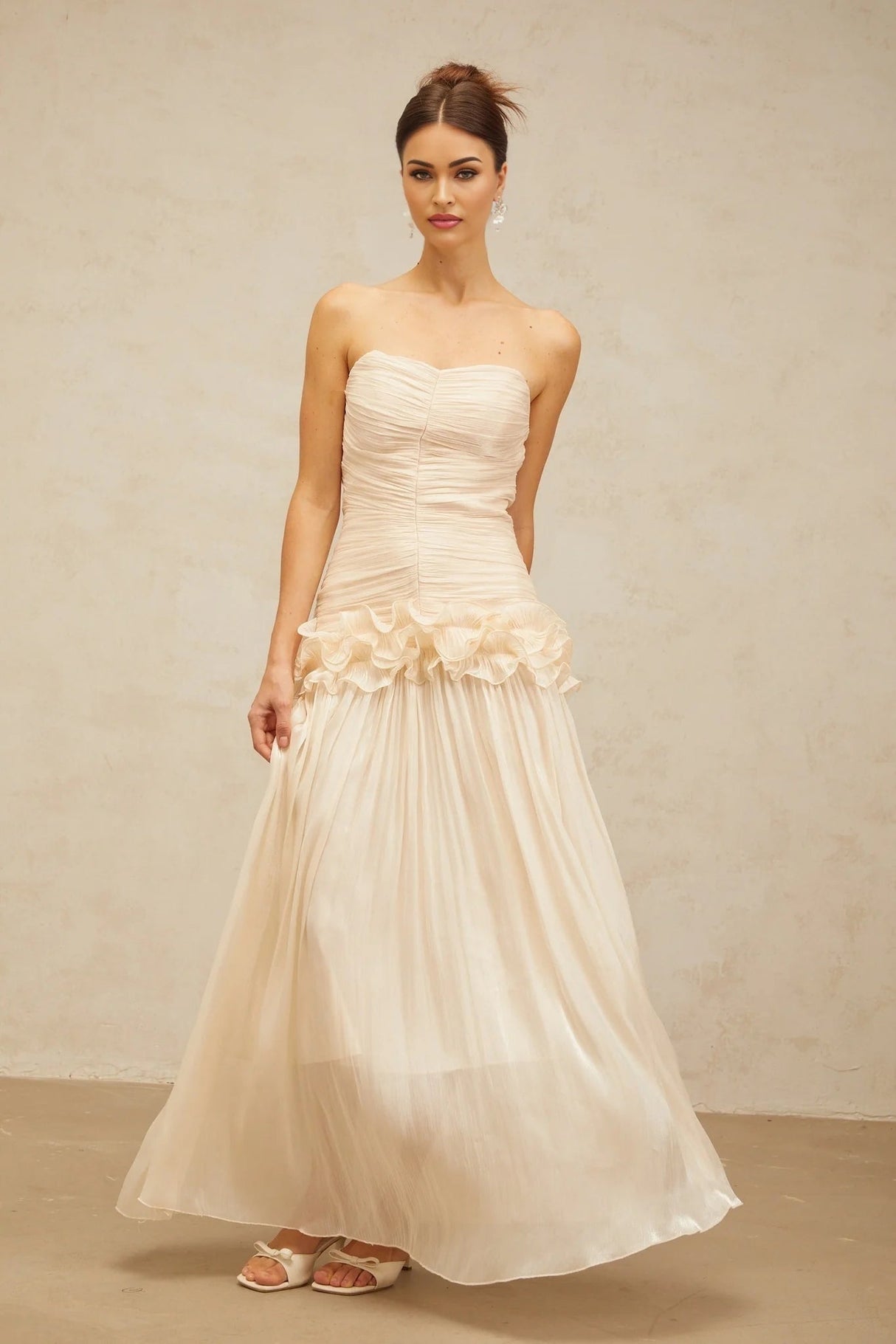 Dakota Maxi Dress Ruffled Pleated Neutral Glitter Strapless & Corset