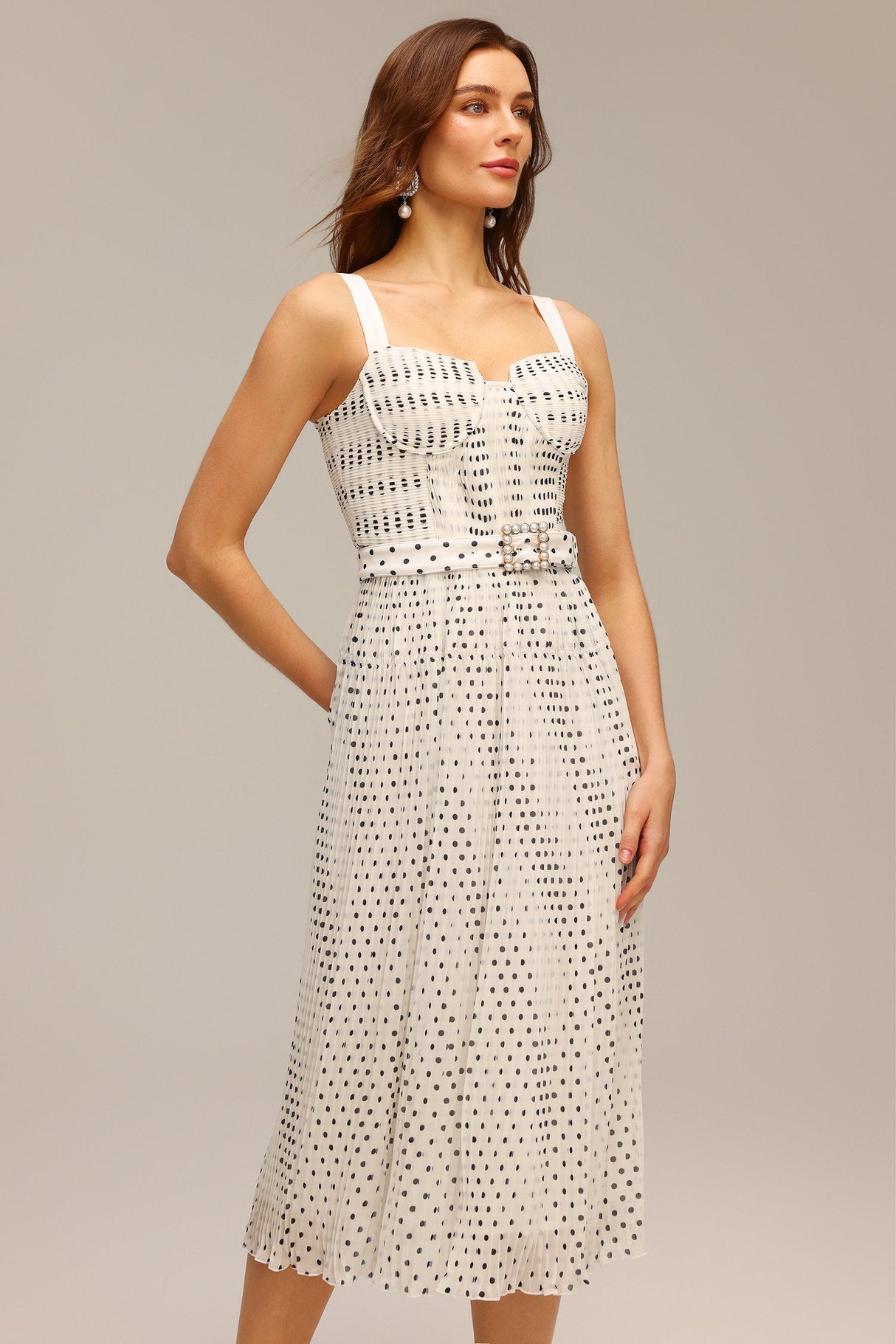 Dakota White Halter Fit and Flare Midi Dress with Pearl Dot Prints and Decorative Belt