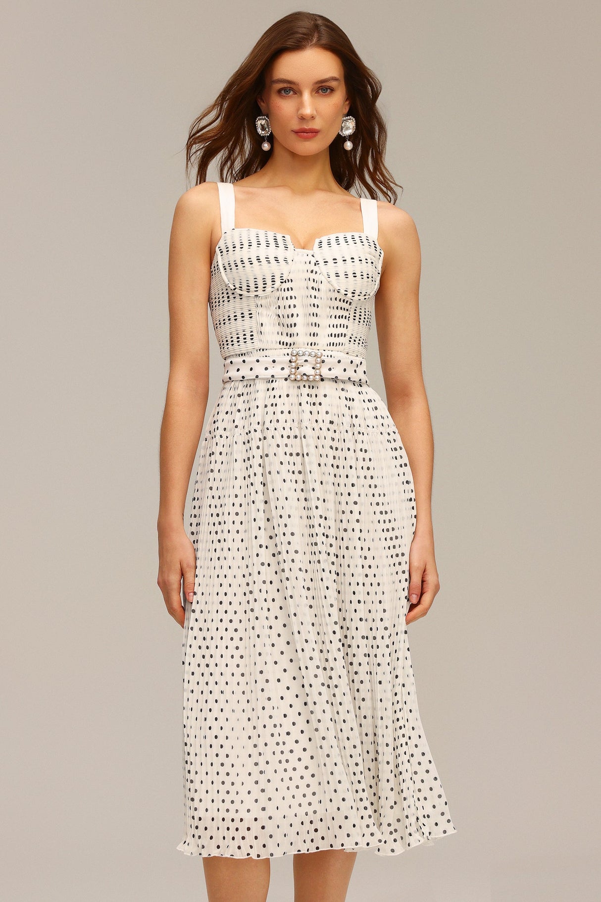 Dakota White Pearl Dot Halter Fit and Flare Midi Dress