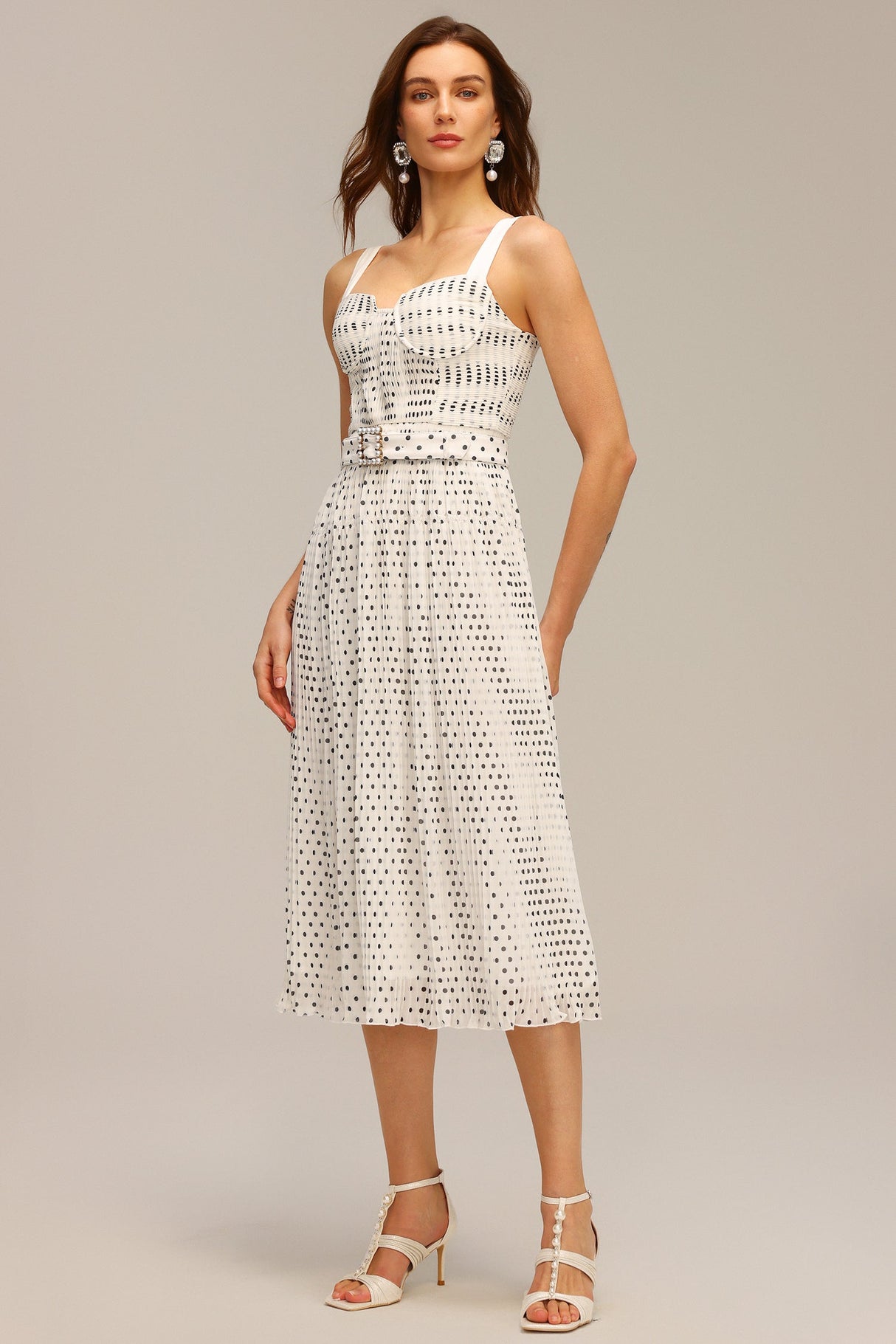 Dakota White Pearl Dot Halter Fit and Flare Midi Dress
