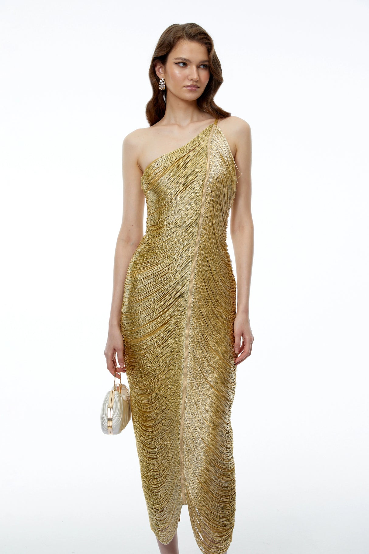 Dalia Gold One Shoulder Asymmetrical Midi Dress