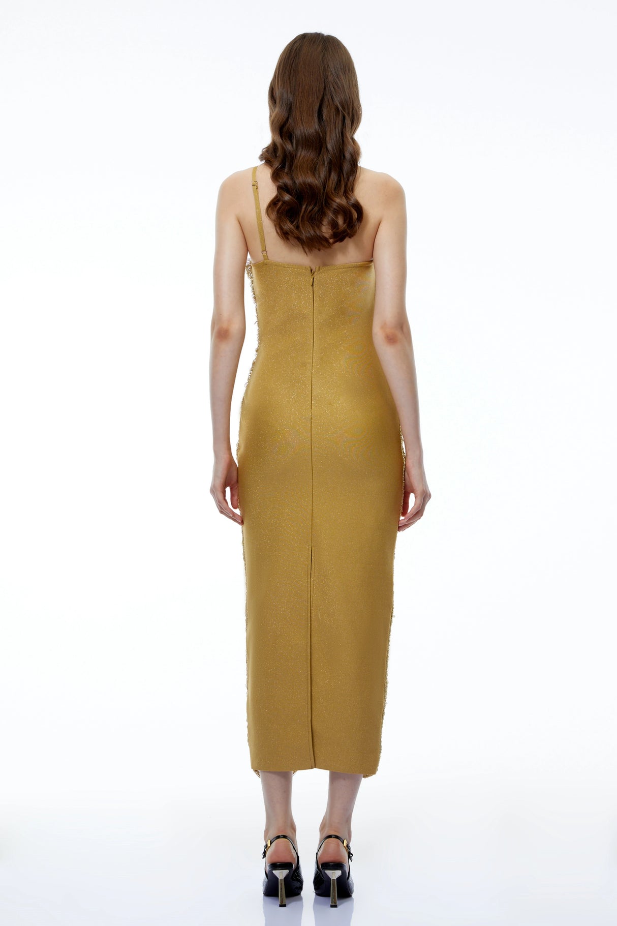 Dalia Gold One Shoulder Asymmetrical Midi Dress
