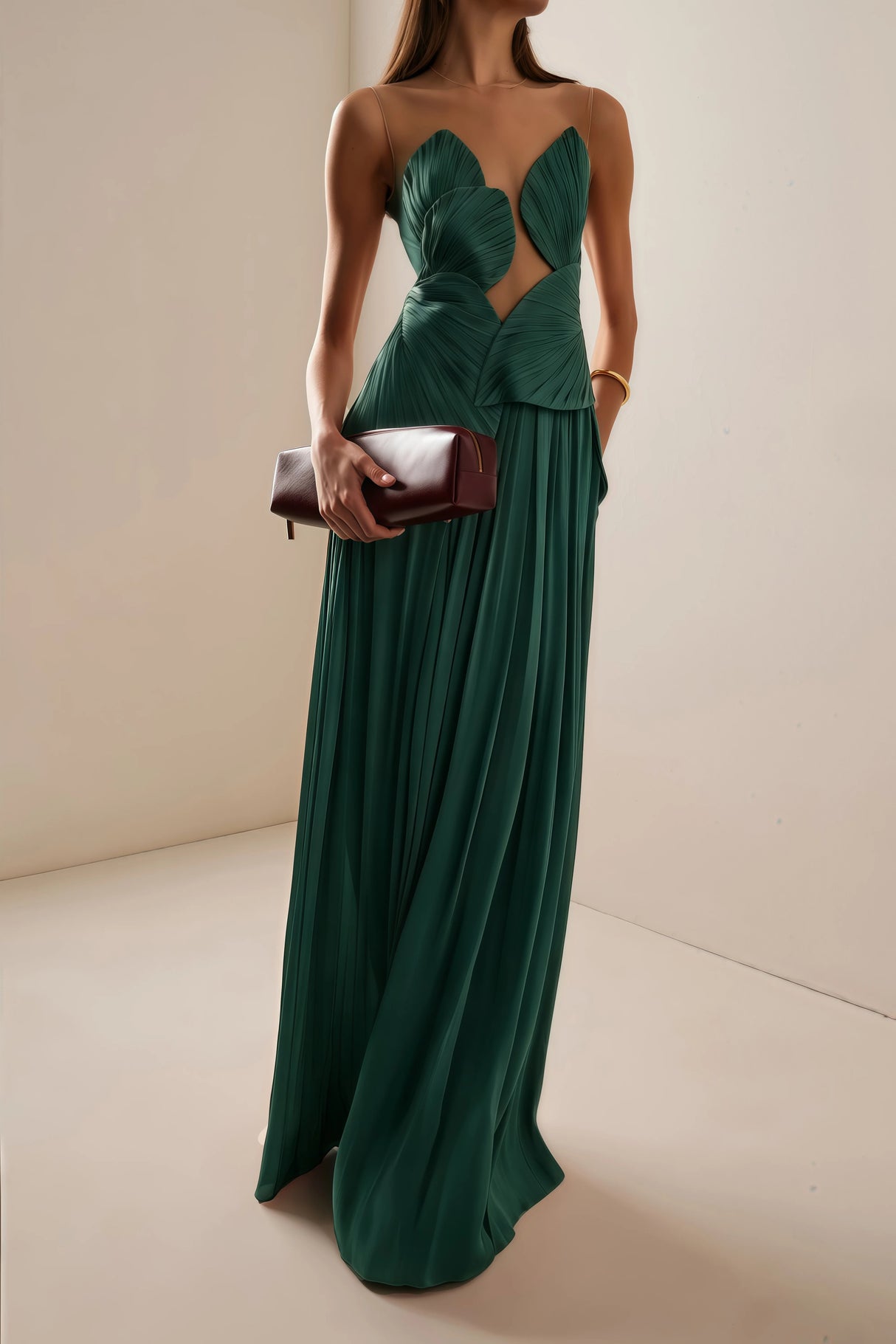 Dalila Green Backless Asymmetrical Ruched Maxi Dress