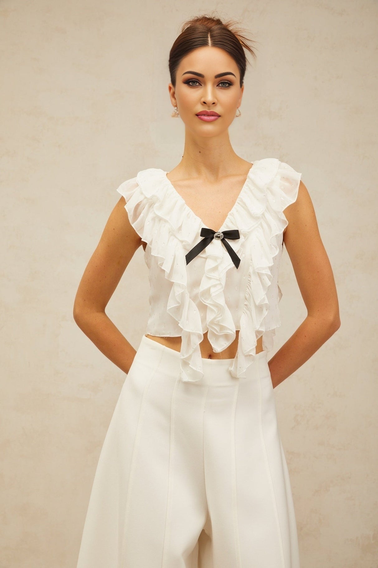 Dallas Cropped Top - V - neck Ruffled Sleeveless - Crystal Embellishments - Bowknot Detail