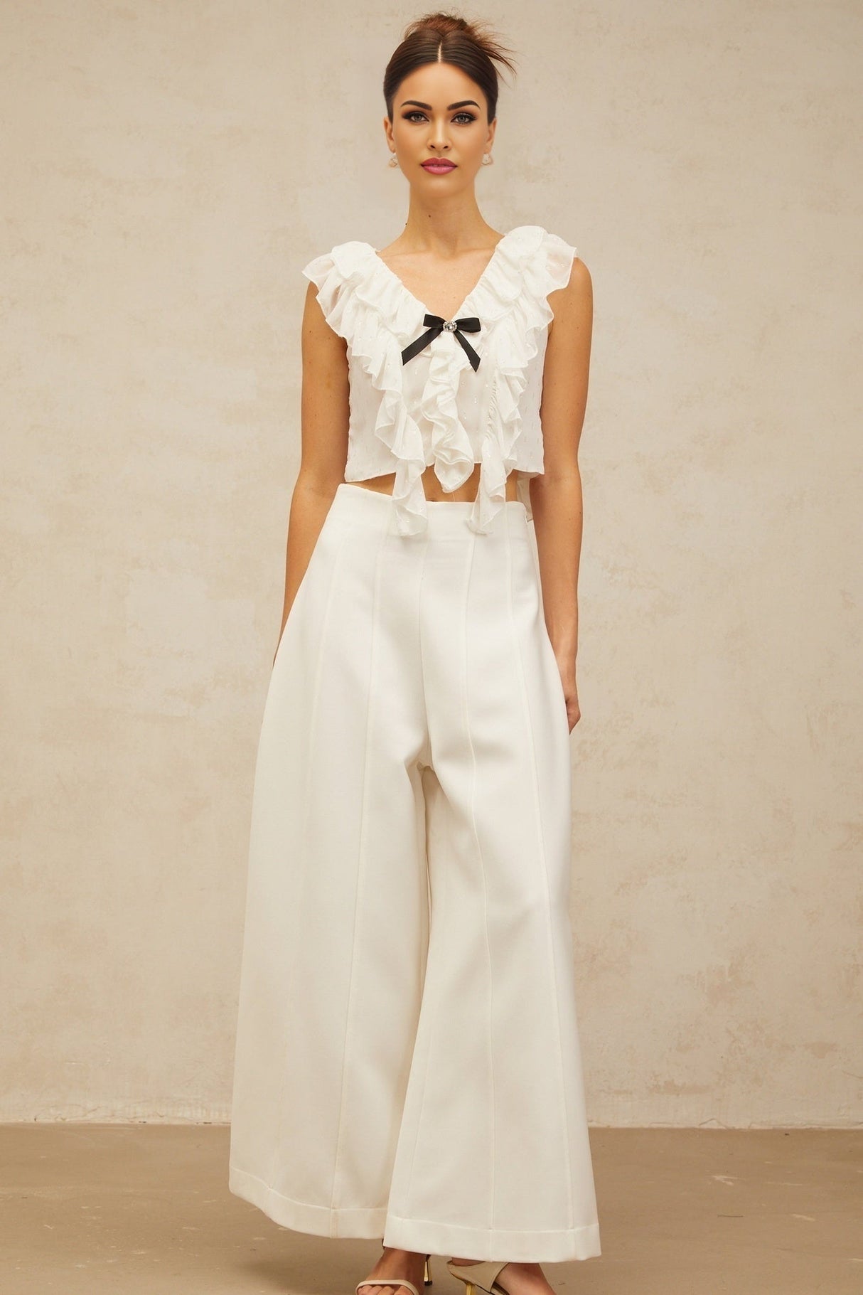 Dallas Cropped Top - V - neck Ruffled Sleeveless - Crystal Embellishments - Bowknot Detail