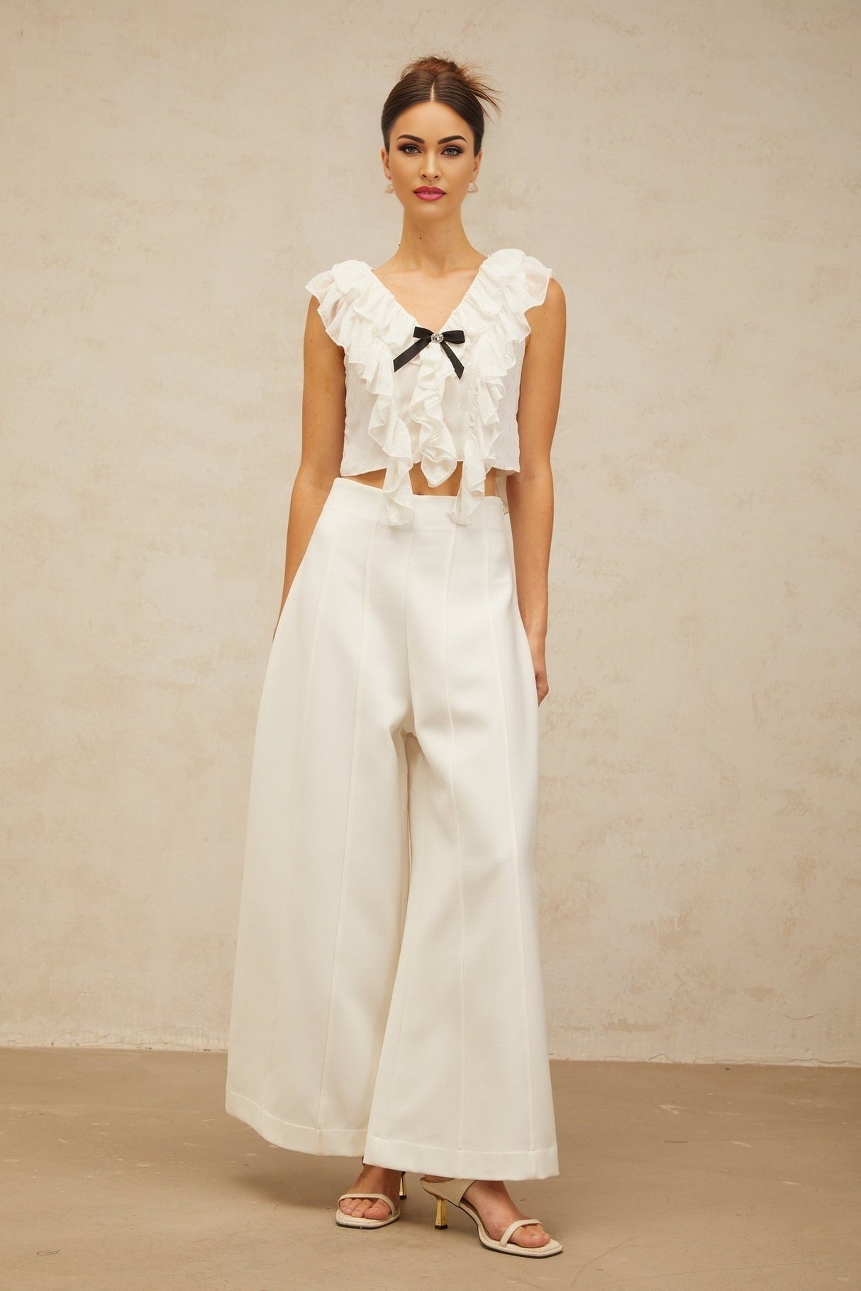 Dallas Cropped Top - V - neck Ruffled Sleeveless - Crystal Embellishments - Bowknot Detail