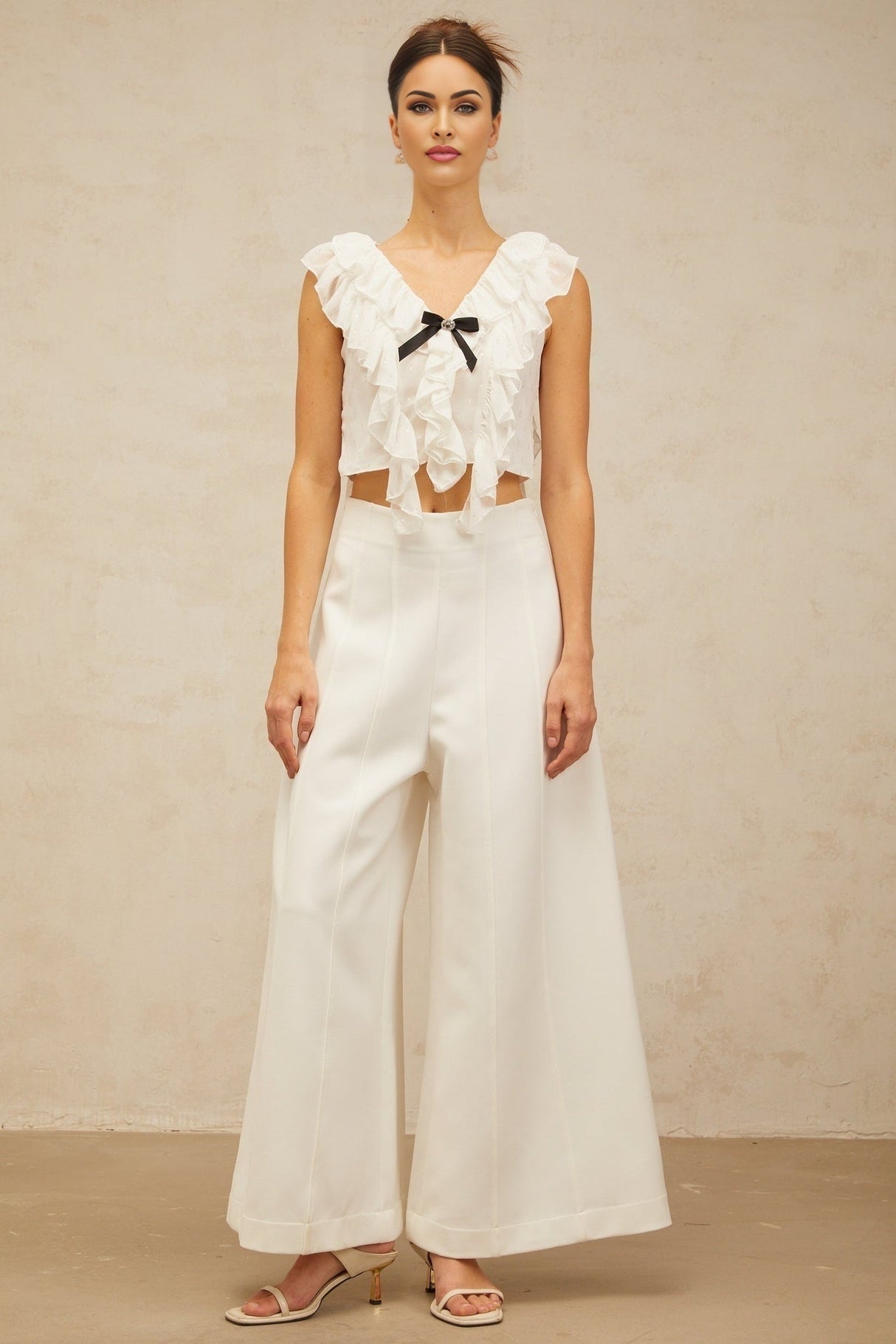 Dallas Cropped Top - V - neck Ruffled Sleeveless - Crystal Embellishments - Bowknot Detail