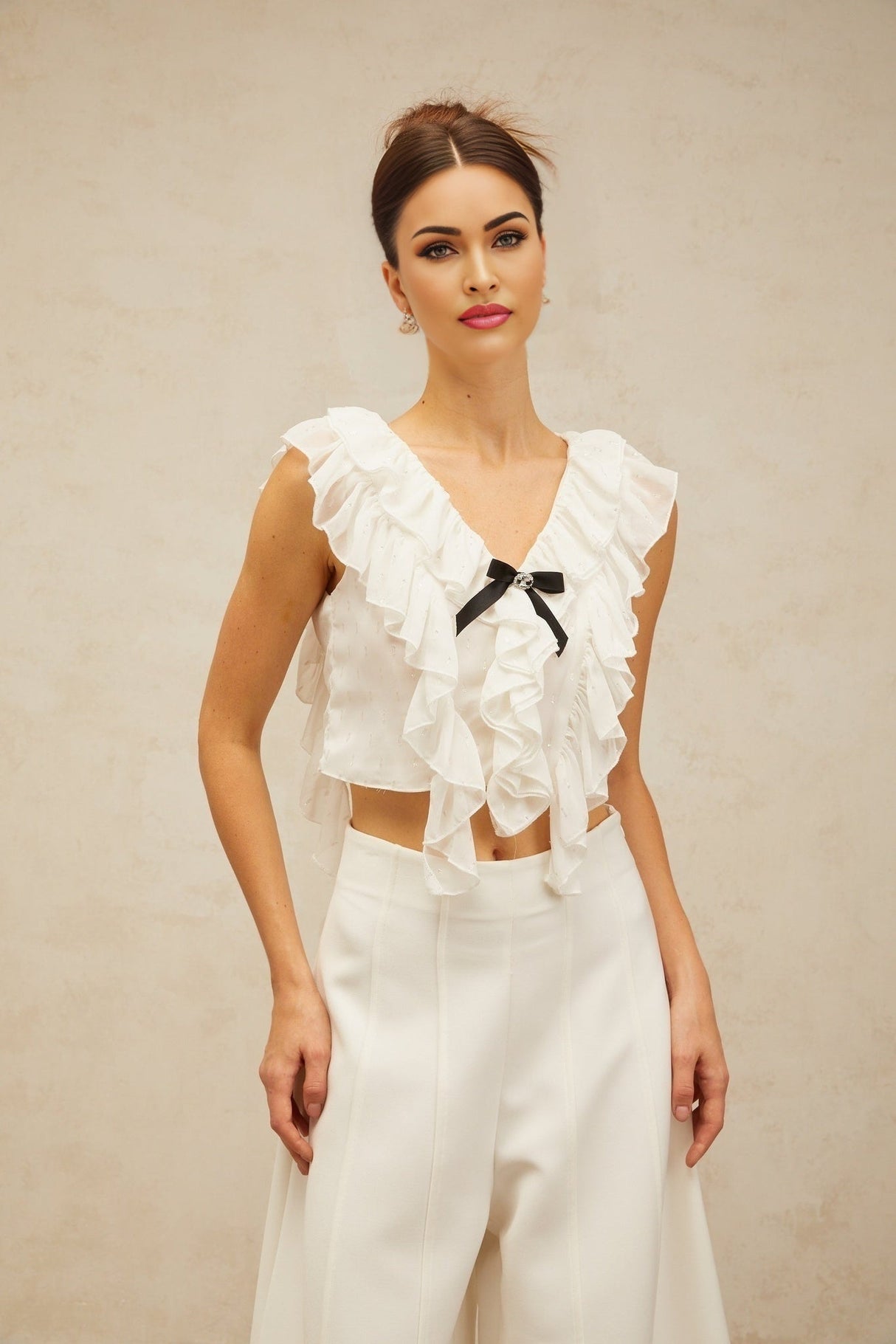 Dallas Cropped Top - V - neck Ruffled Sleeveless - Crystal Embellishments - Bowknot Detail