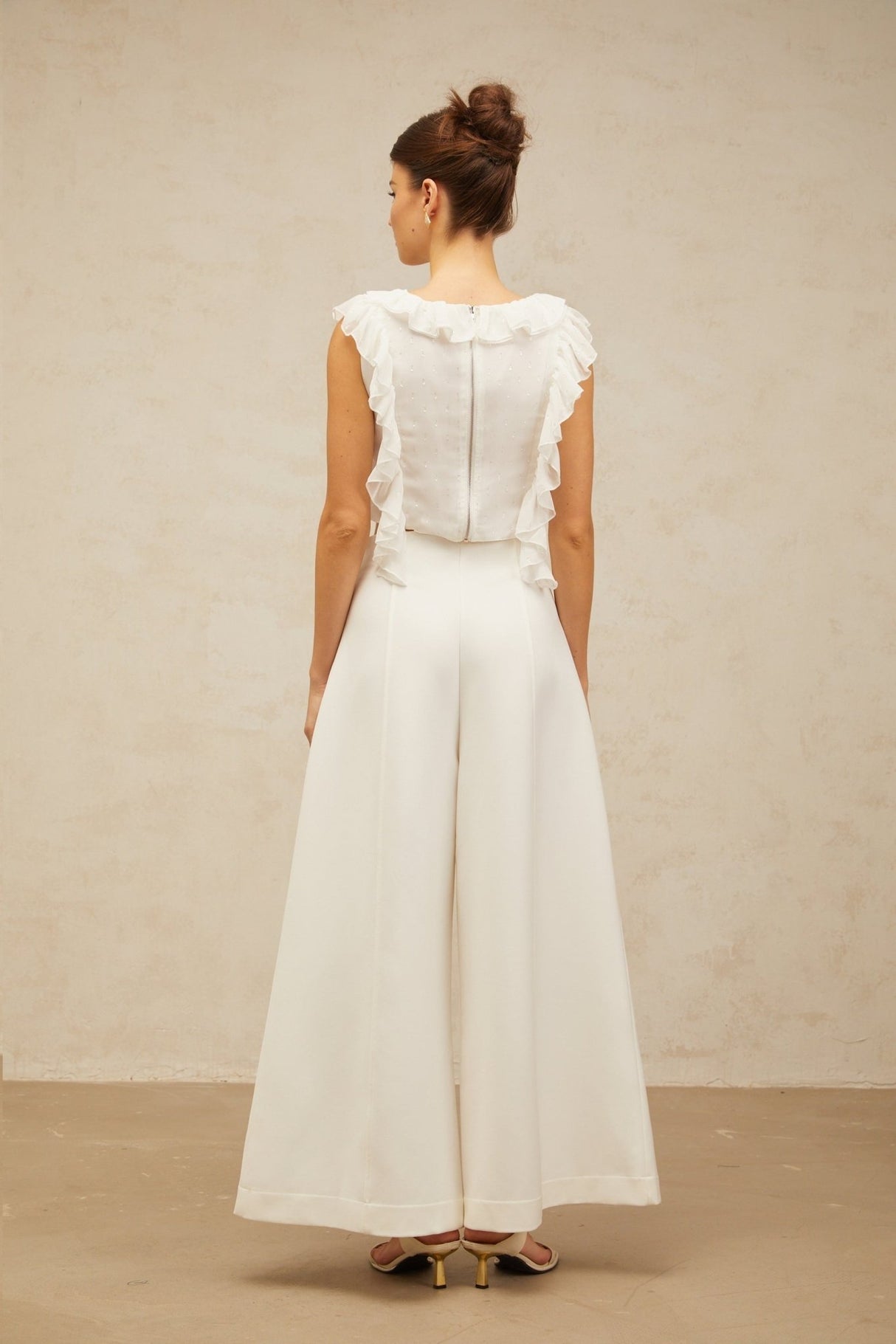 Dallas Cropped Top - V - neck Ruffled Sleeveless - Crystal Embellishments - Bowknot Detail