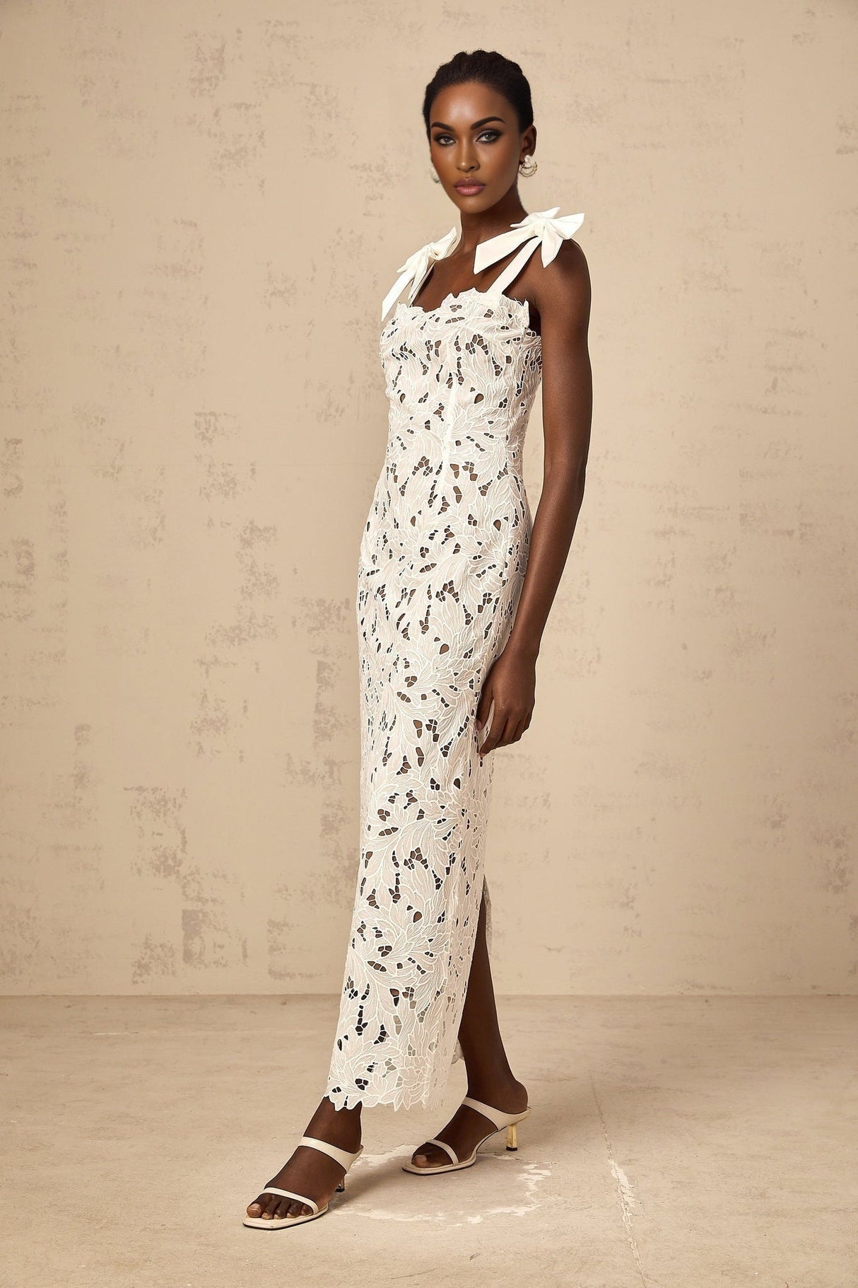Dallas Floral Maxi Dress - Bowknot Straps - Velvet Finish - Cut - out Design - Lace Detailing