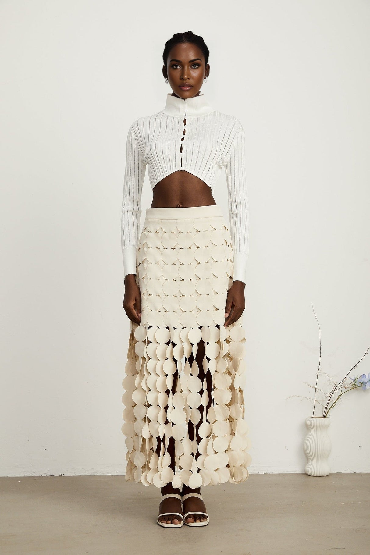 Dallas Maxi Skirt – Fabric Disc Overlay – Fringed Design – Half Lining – Rear Zip – Unique Statement Skirt