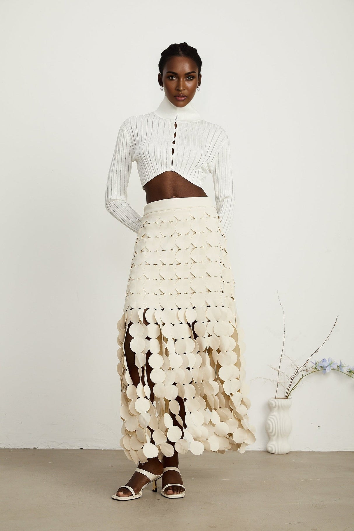 Dallas Maxi Skirt – Fabric Disc Overlay – Fringed Design – Half Lining – Rear Zip – Unique Statement Skirt