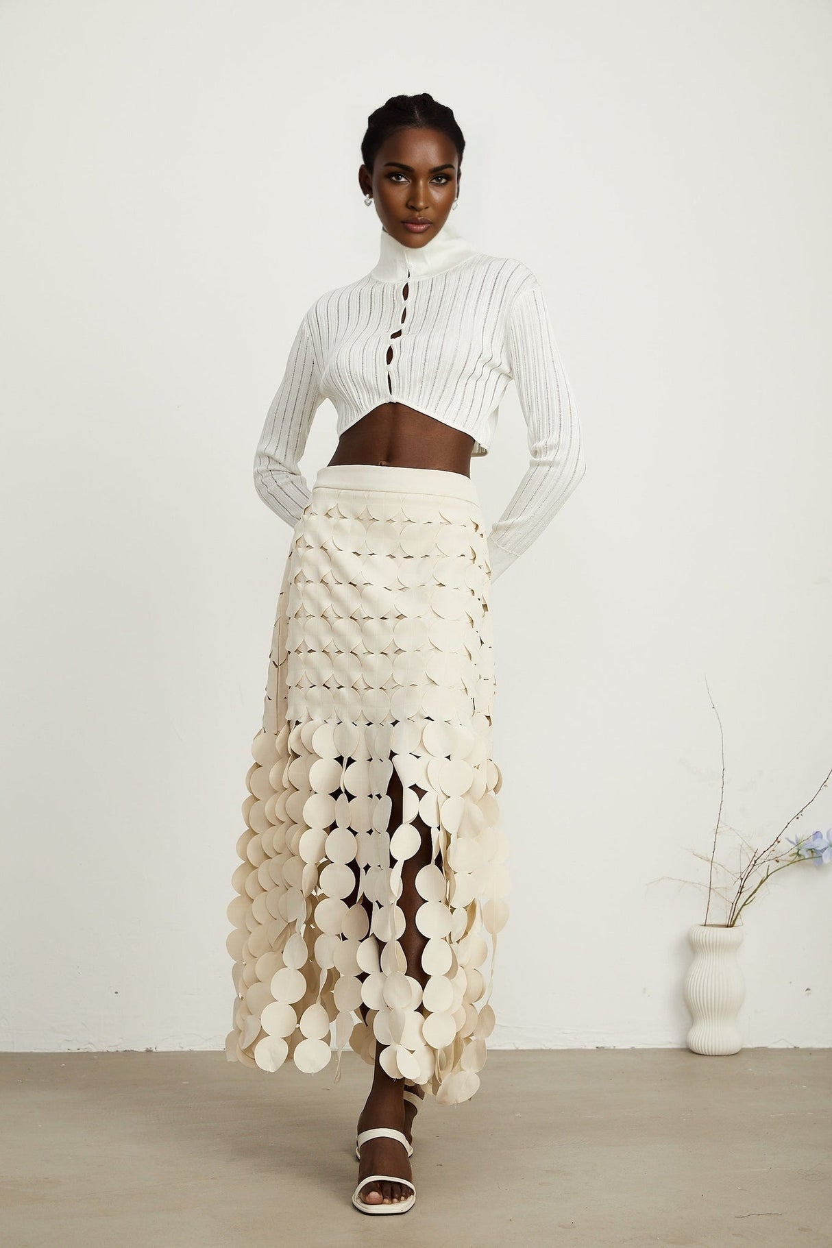 Dallas Maxi Skirt – Fabric Disc Overlay – Fringed Design – Half Lining – Rear Zip – Unique Statement Skirt