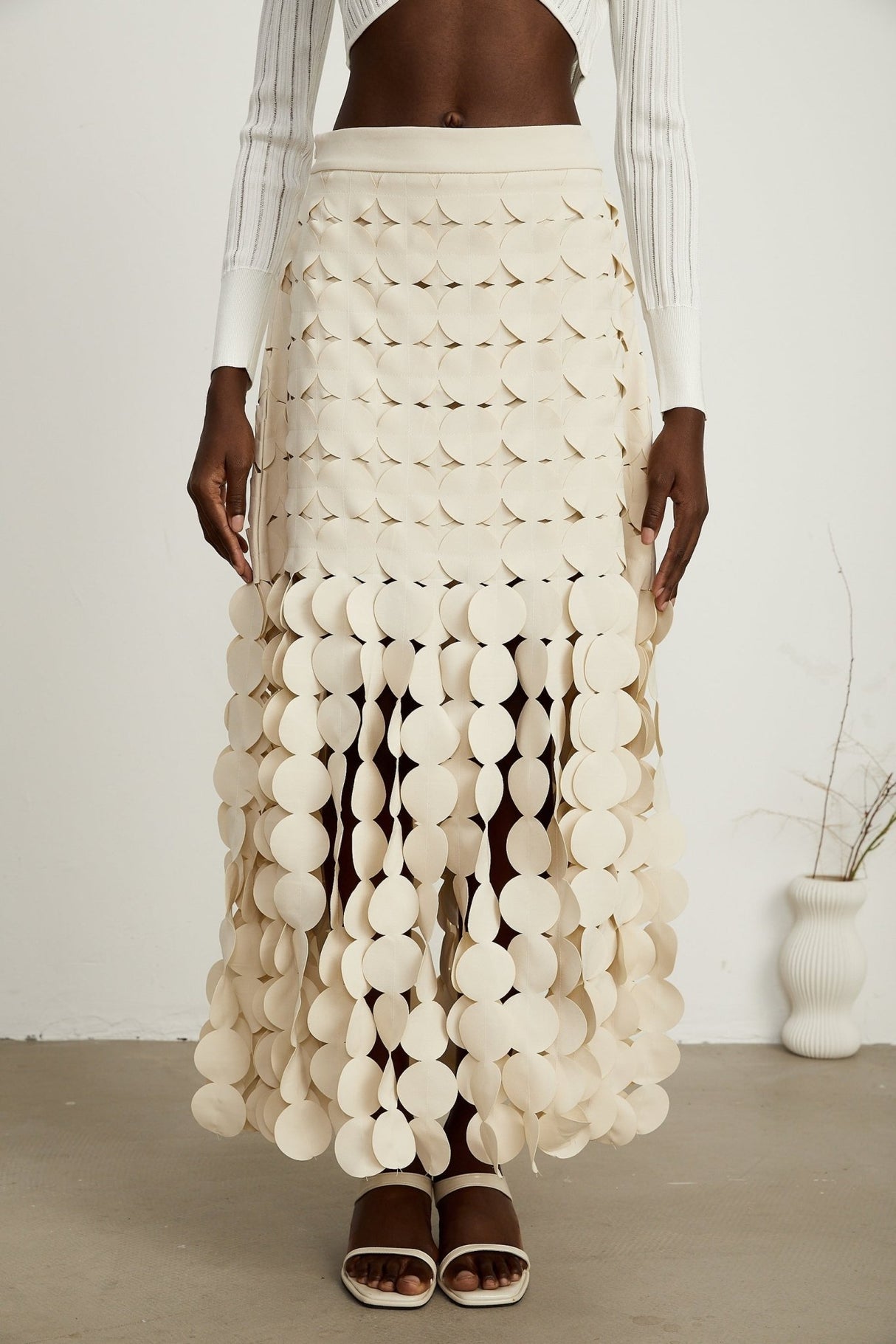 Dallas Maxi Skirt – Fabric Disc Overlay – Fringed Design – Half Lining – Rear Zip – Unique Statement Skirt