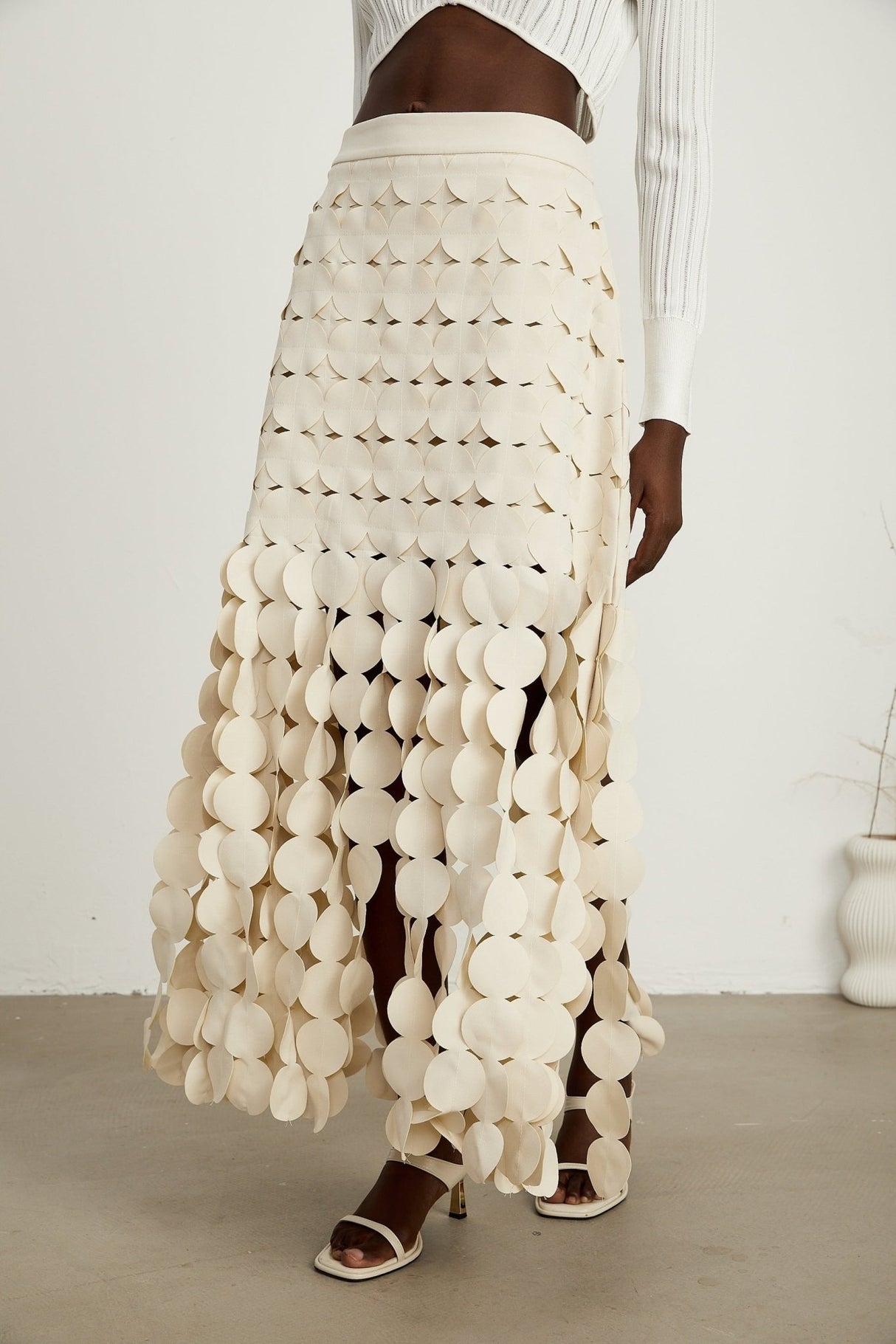 Dallas Maxi Skirt – Fabric Disc Overlay – Fringed Design – Half Lining – Rear Zip – Unique Statement Skirt