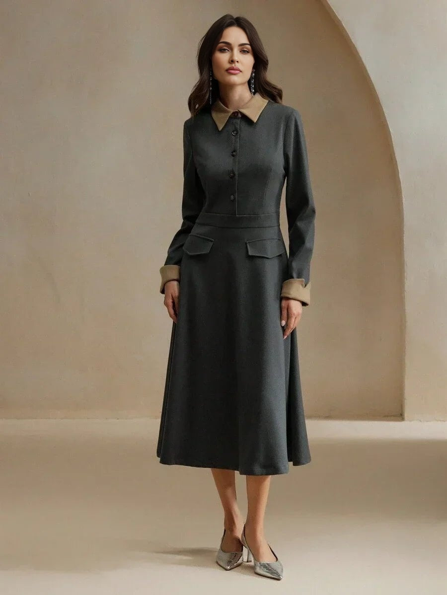 Dallas Midi Dress - Elegant Style - Belted - Button Front - Colorblock - Formal & Evening