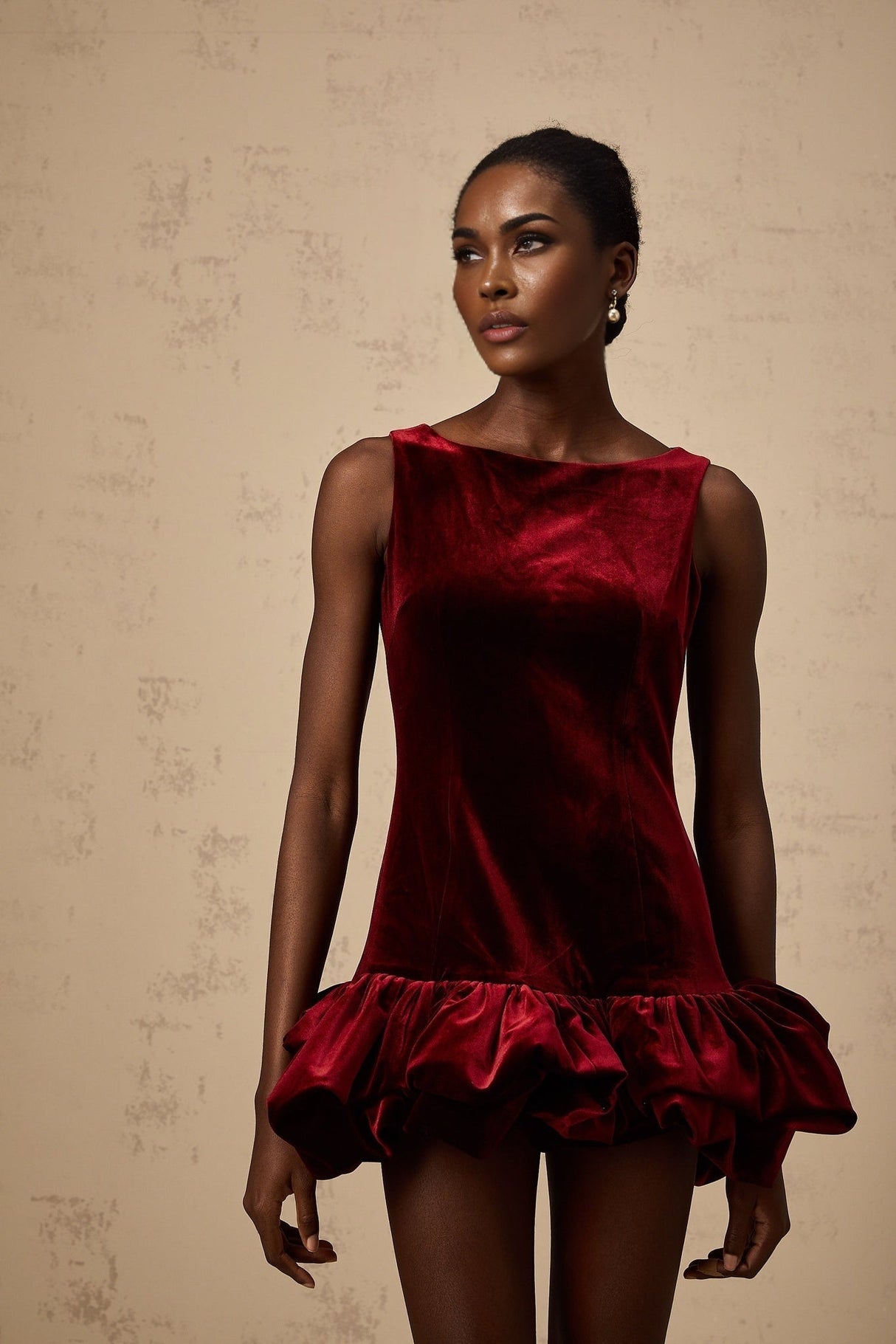 Dallas Mini Dress - Bateau Neck - Sleeveless - Velvet Effect - Peplum Hem - Rear Zip Fastening