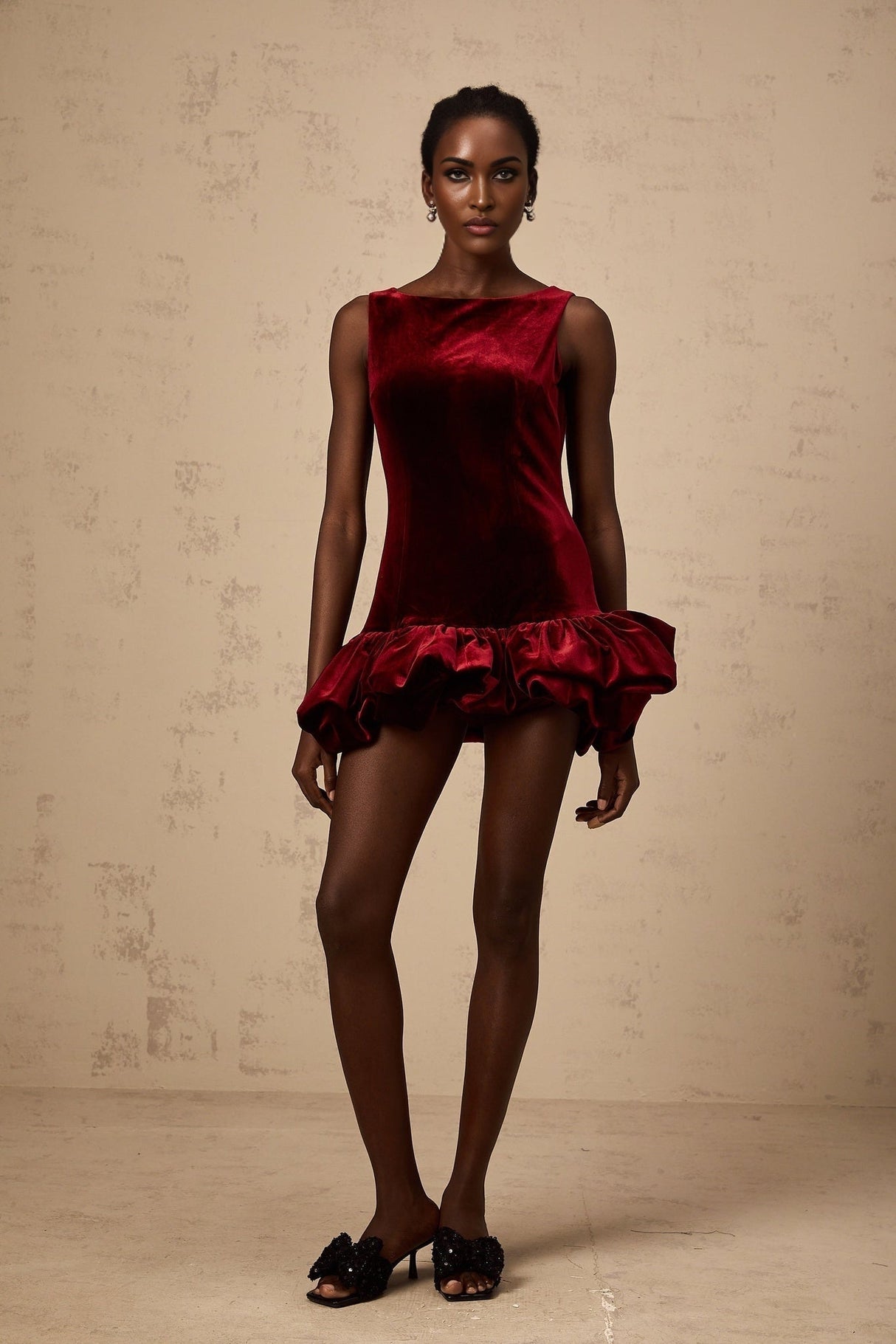 Dallas Mini Dress - Bateau Neck - Sleeveless - Velvet Effect - Peplum Hem - Rear Zip Fastening