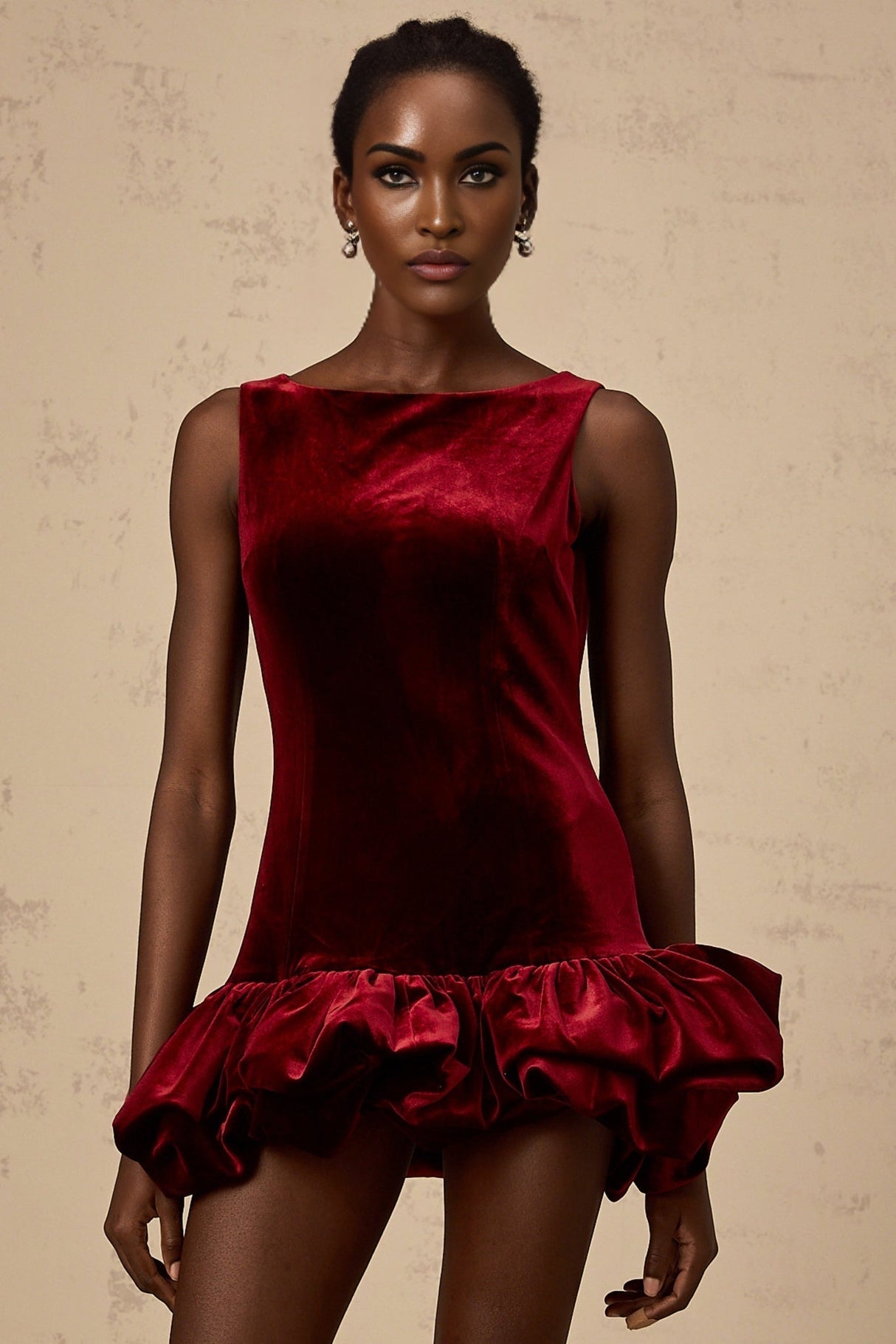 Dallas Mini Dress - Bateau Neck - Sleeveless - Velvet Effect - Peplum Hem - Rear Zip Fastening