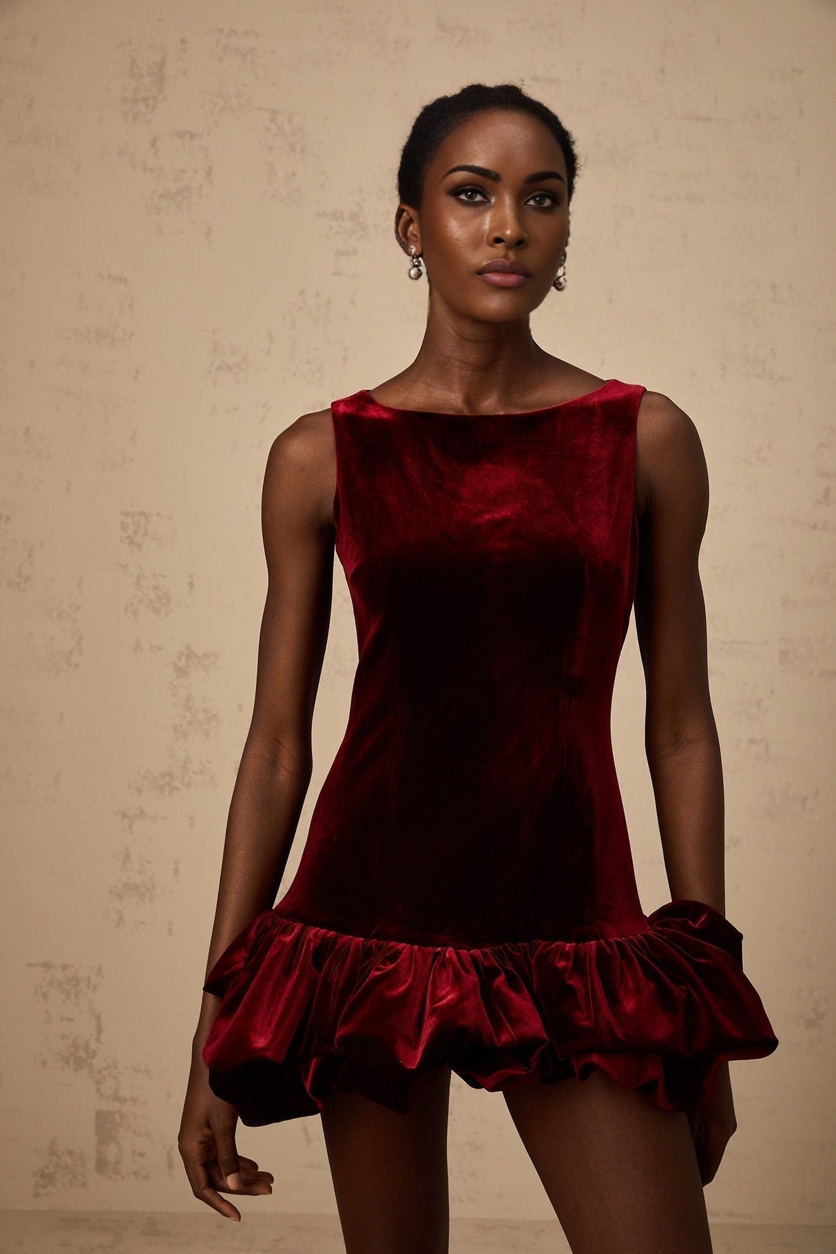 Dallas Mini Dress - Bateau Neck - Sleeveless - Velvet Effect - Peplum Hem - Rear Zip Fastening