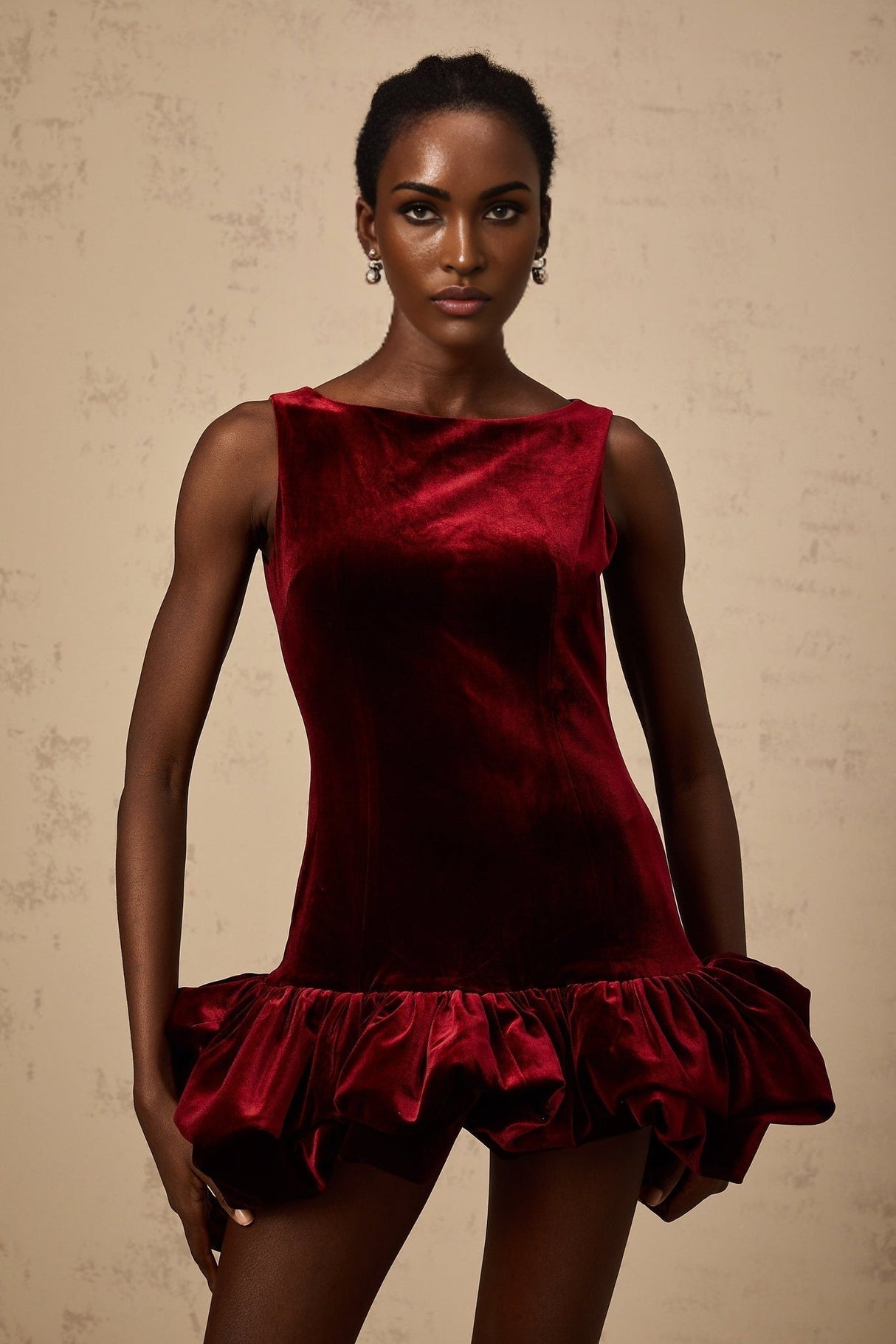 Dallas Mini Dress - Bateau Neck - Sleeveless - Velvet Effect - Peplum Hem - Rear Zip Fastening