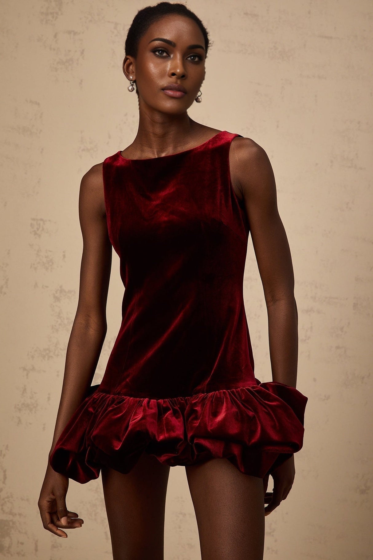 Dallas Mini Dress - Bateau Neck - Sleeveless - Velvet Effect - Peplum Hem - Rear Zip Fastening