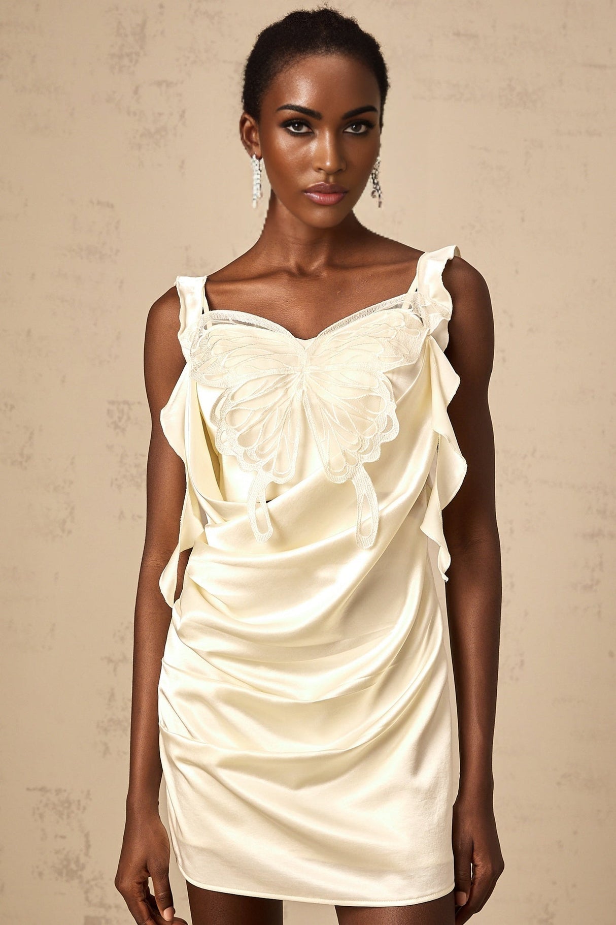 Dallas Mini Dress – Satin Finish – Sleeveless – Butterfly Appliqué