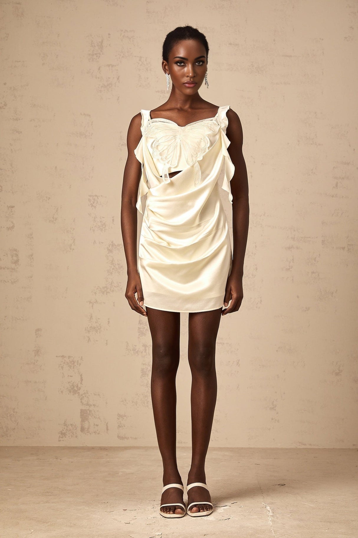 Dallas Mini Dress – Satin Finish – Sleeveless – Butterfly Appliqué