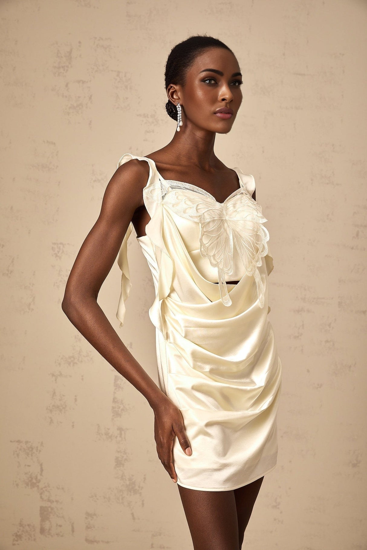 Dallas Mini Dress – Satin Finish – Sleeveless – Butterfly Appliqué