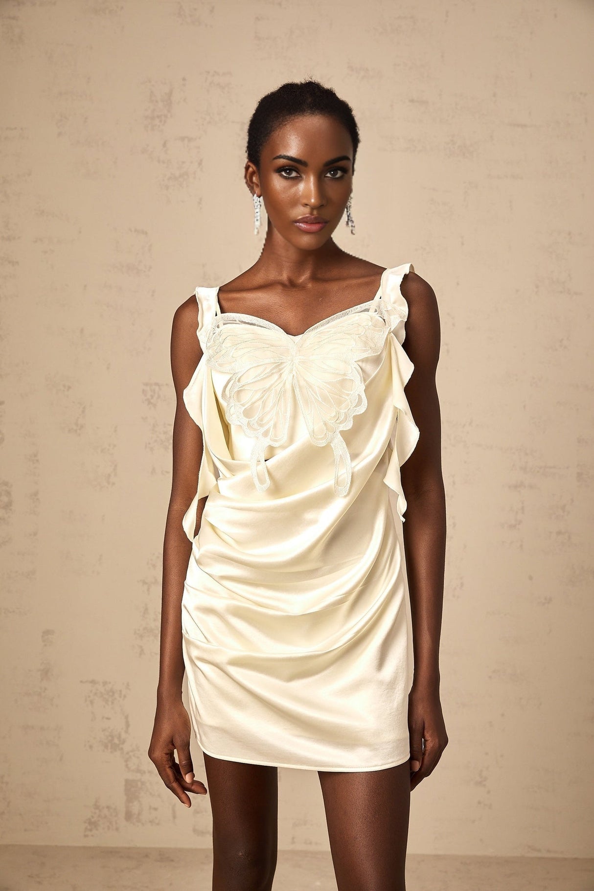 Dallas Mini Dress – Satin Finish – Sleeveless – Butterfly Appliqué