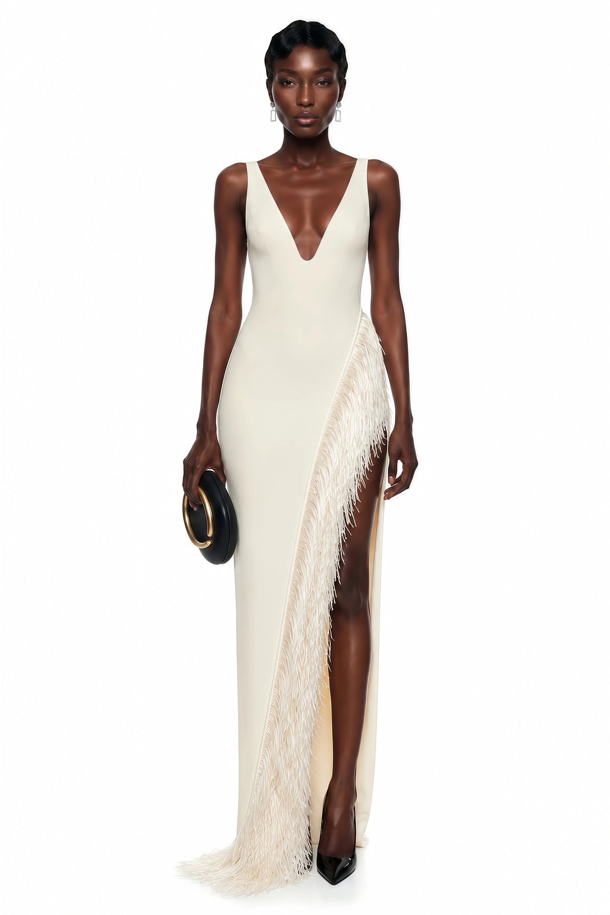 Damla Cream Asymmetrical Maxi Dress with Fringe
