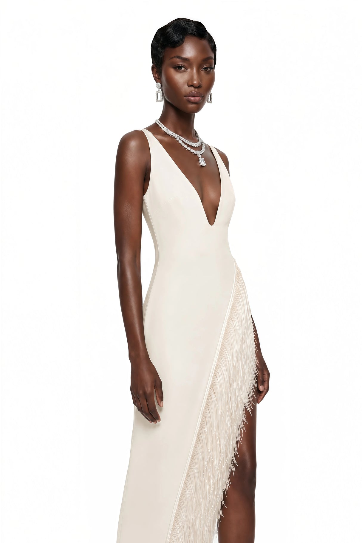 Damla Cream Asymmetrical Maxi Dress with Fringe