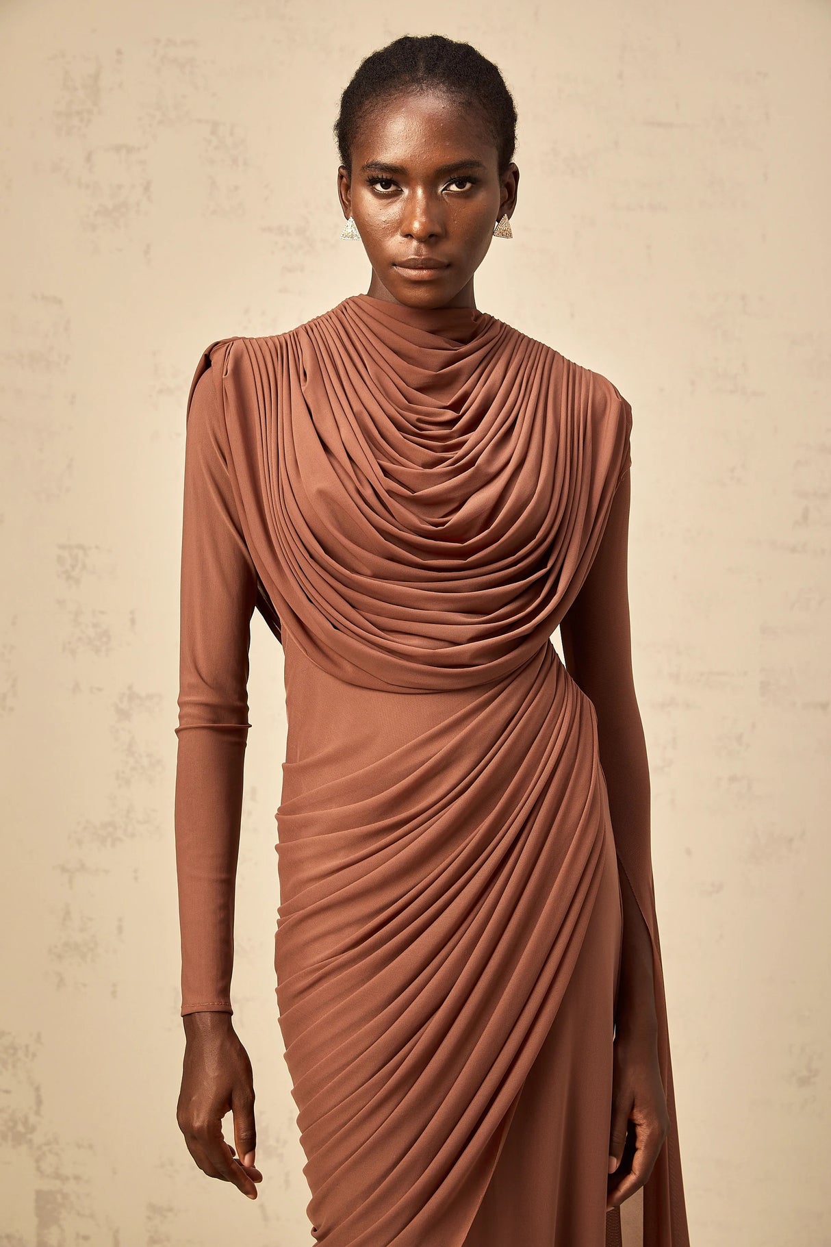 Danaé Brown Shirredeffect Draped Maxi Dress