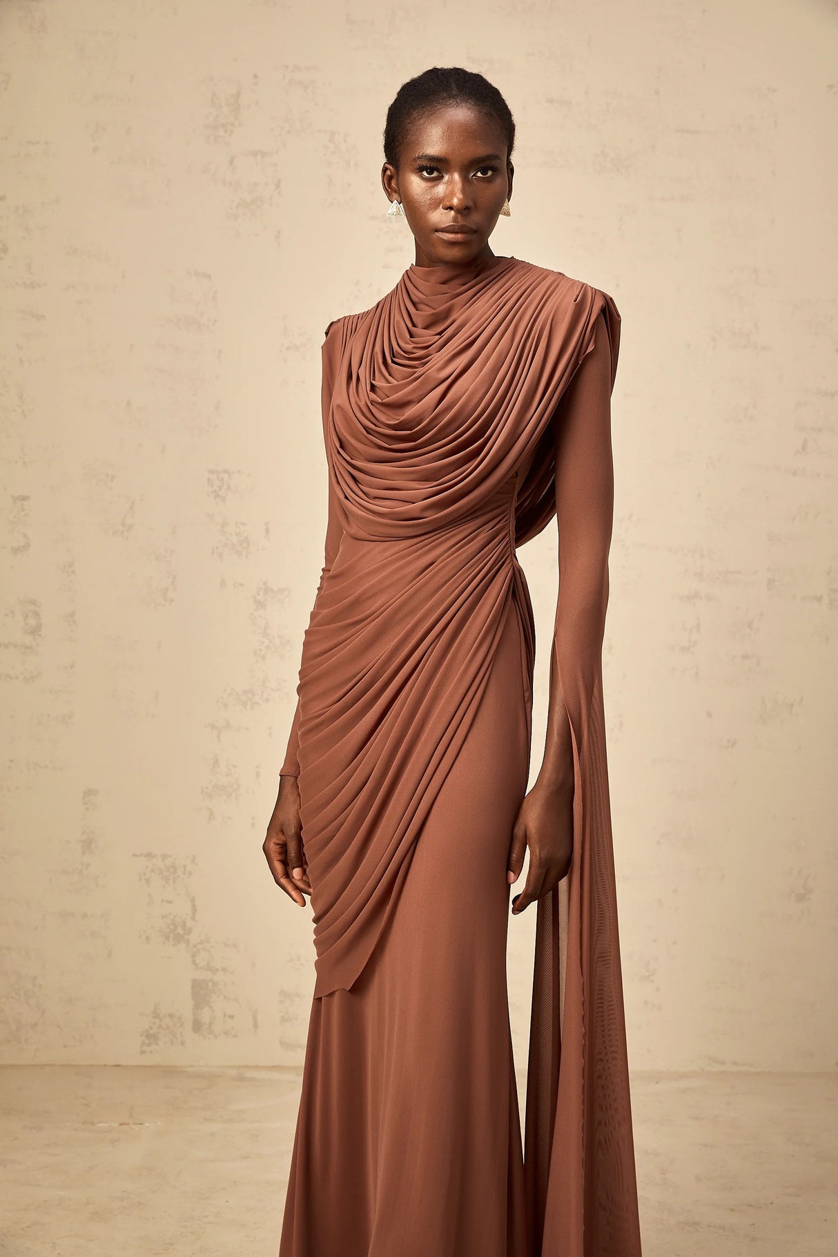 Danaé Brown Shirredeffect Draped Maxi Dress