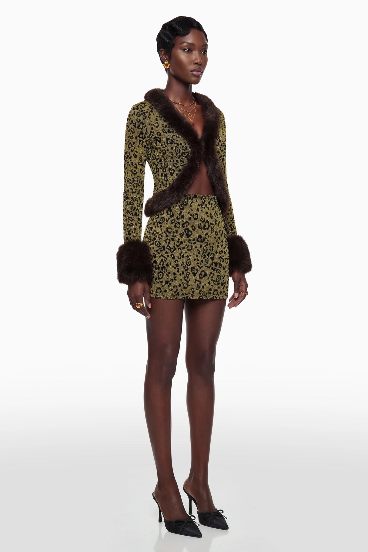 Danica Yellow Fur Trim Leopard Top Skirt Set