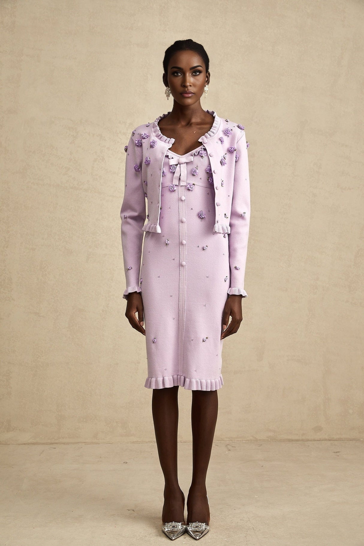 Daniela Cardigan & Dress - Fine Knit - Ruffled Trim - Faux - Flower Design - Cropped & Midi Length