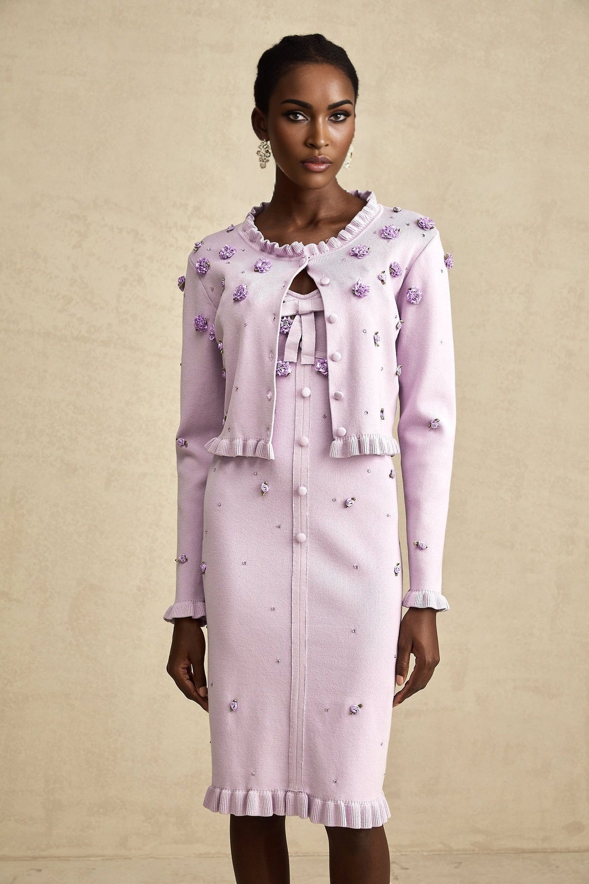 Daniela Cardigan & Dress - Fine Knit - Ruffled Trim - Faux - Flower Design - Cropped & Midi Length